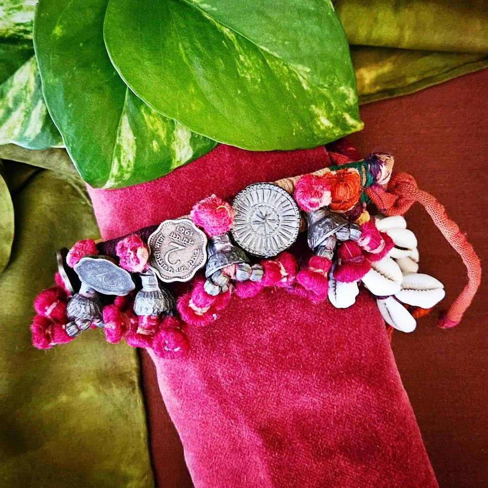 Banjara Arm Band with Cowries, Tassels and Coins Vintage Kandiya