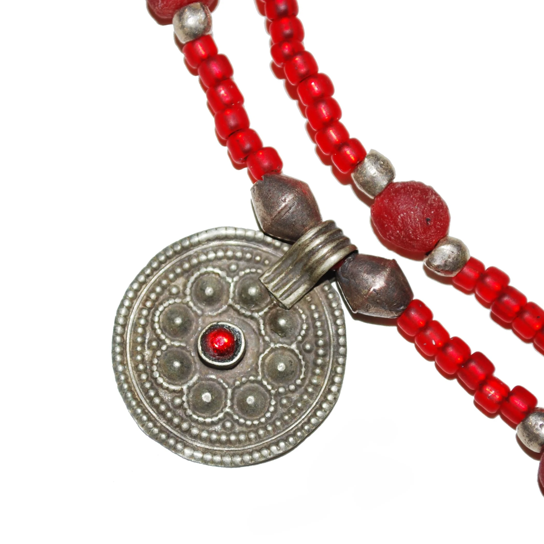 Beaded Necklace with Kuchi Charms - Double Strand Trade Beads - Red Camel Designs