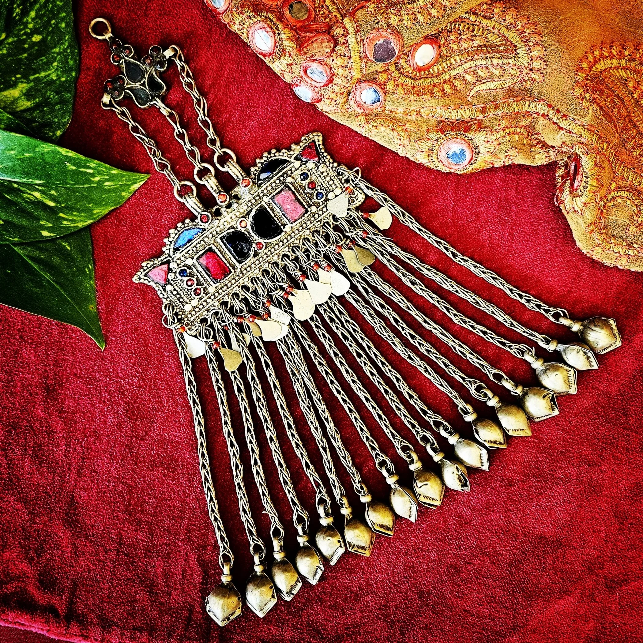 Kuchi Pendant - Vintage Tribal - Glass Jewels - Jingling Long Dangles