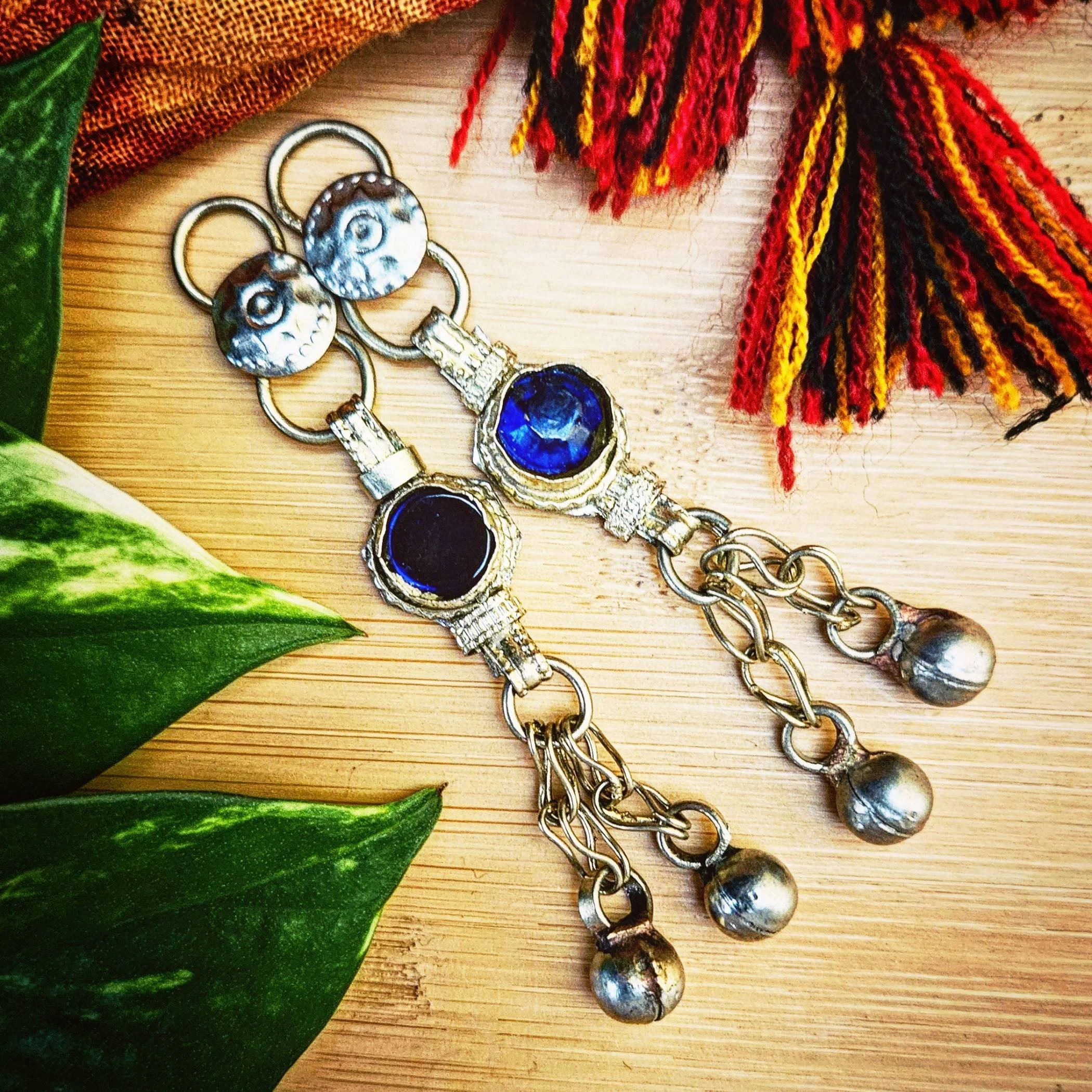 Pair of Kuchi Dangle Pendants with Deep Blue Jewels - Belly Dance Components Findings
