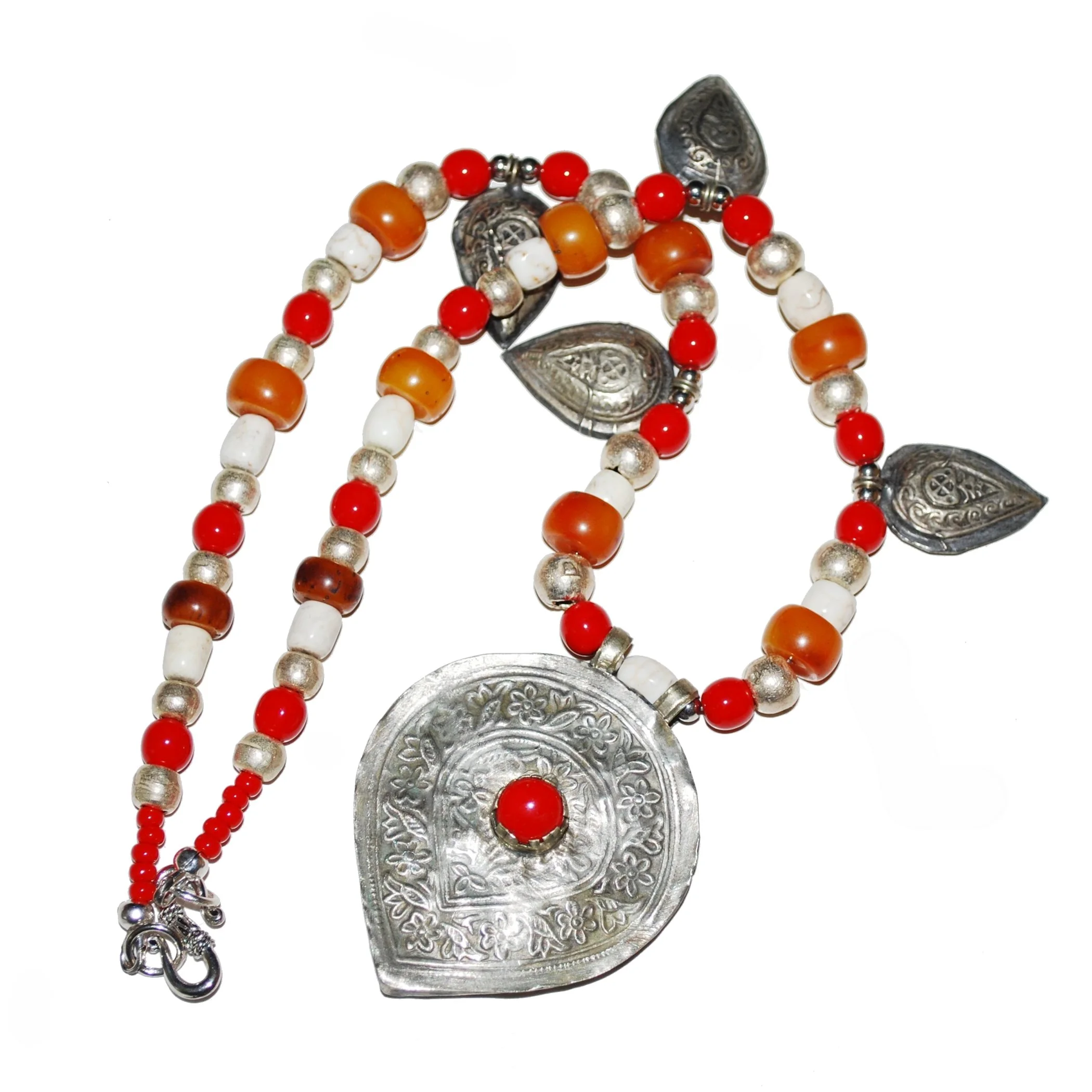 Kashmiri Pendant Necklace with Berber accent pieces - Copal Glass Stone Beads - Red Camel Designs
