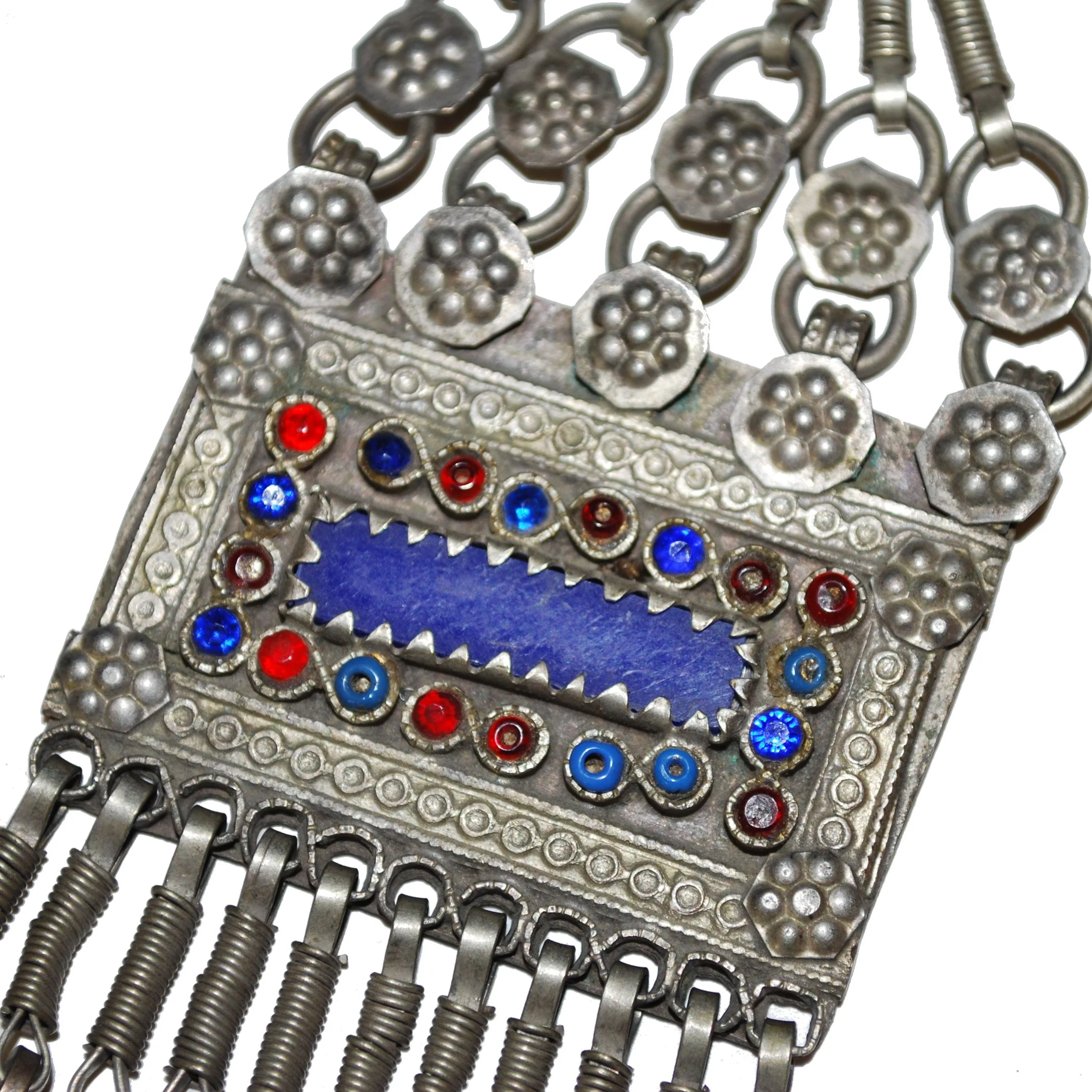 Kuchi Pendant - Vintage Tribal Square Pendant with Jewels - Blue Belly Dance