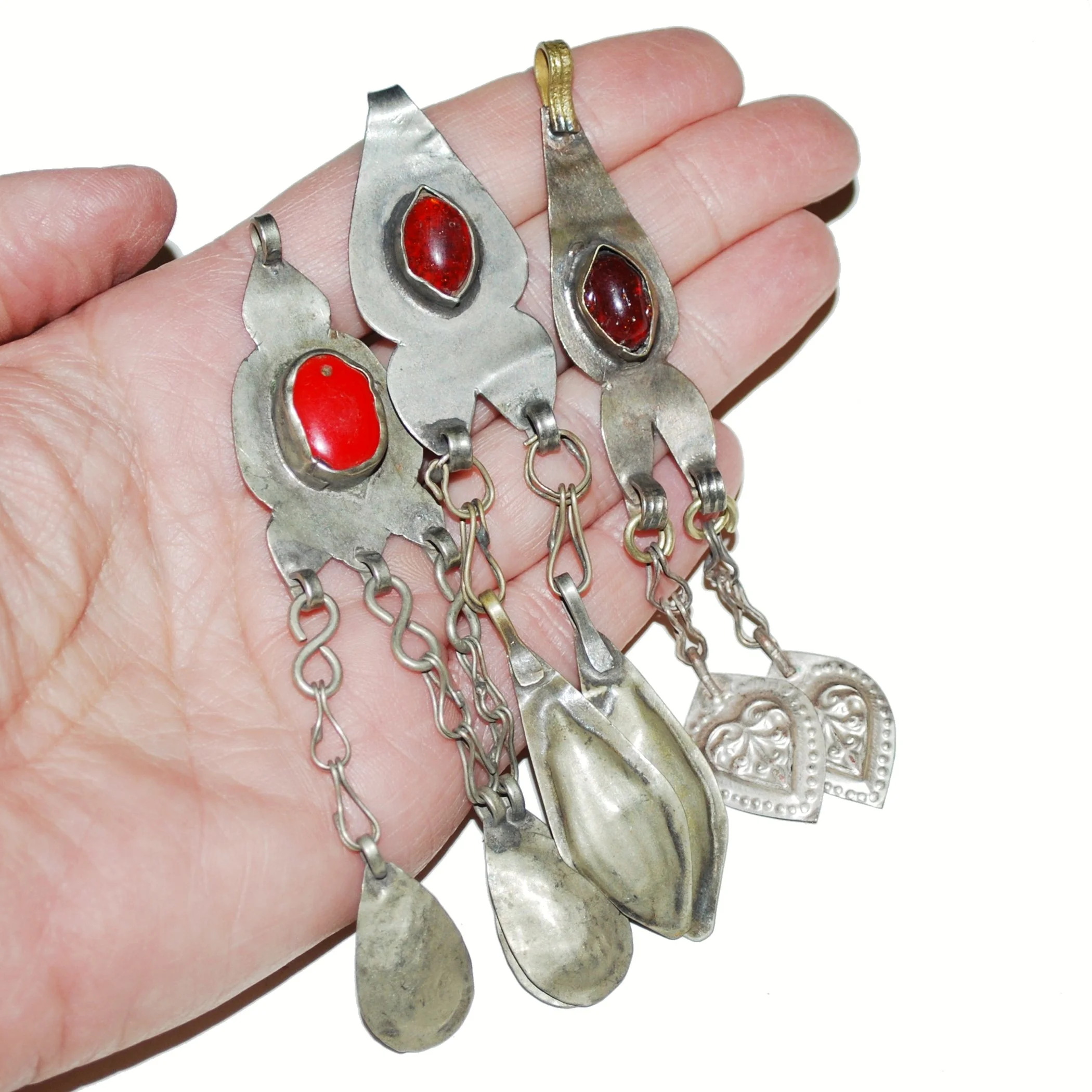 Three Turkoman Pendants - Small Vintage Turkmen Pendants - Stamped Dangles
