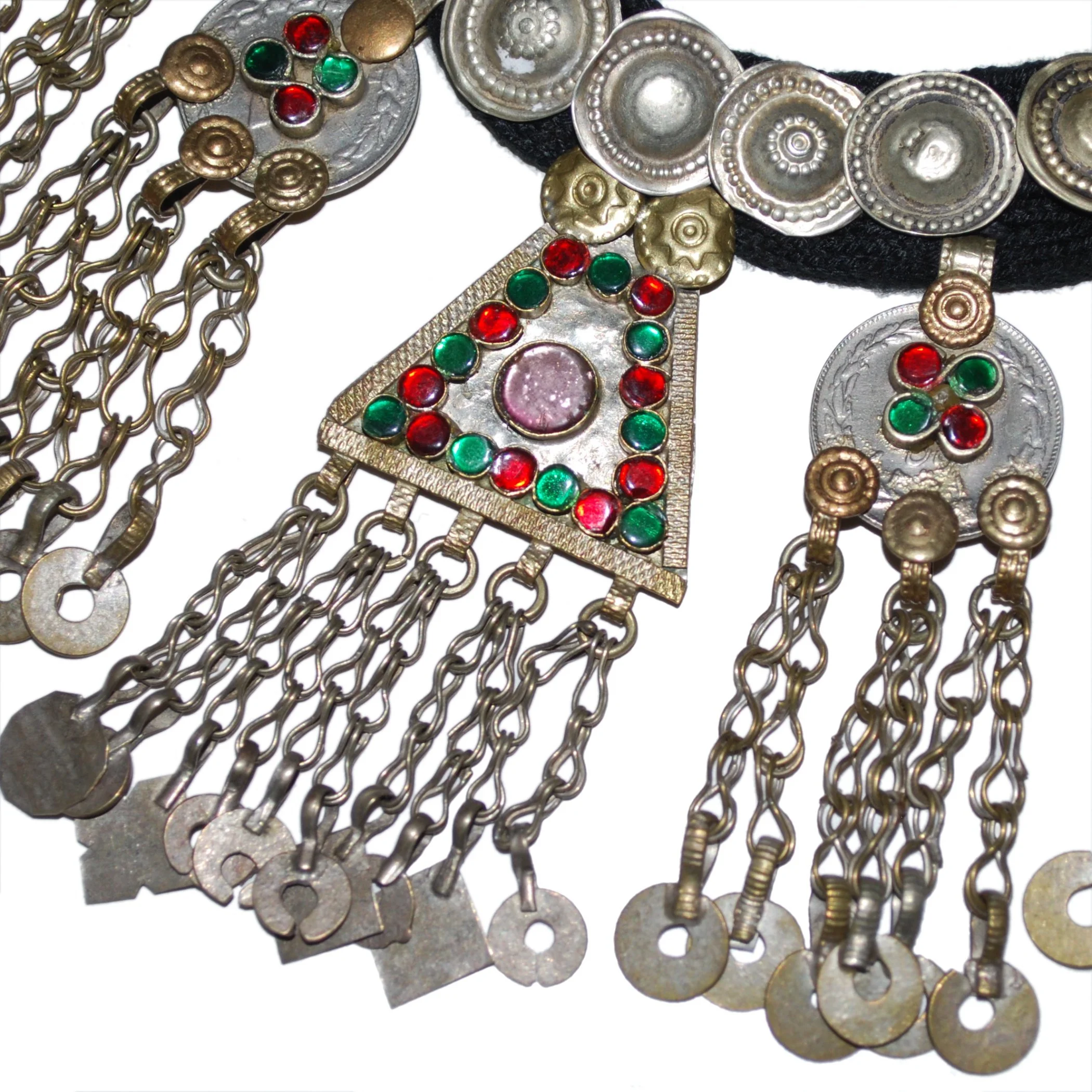 Kuchi Coin and Jingle Pendants Necklace - Tribal Coins Buttons Jewels on Black Cord
