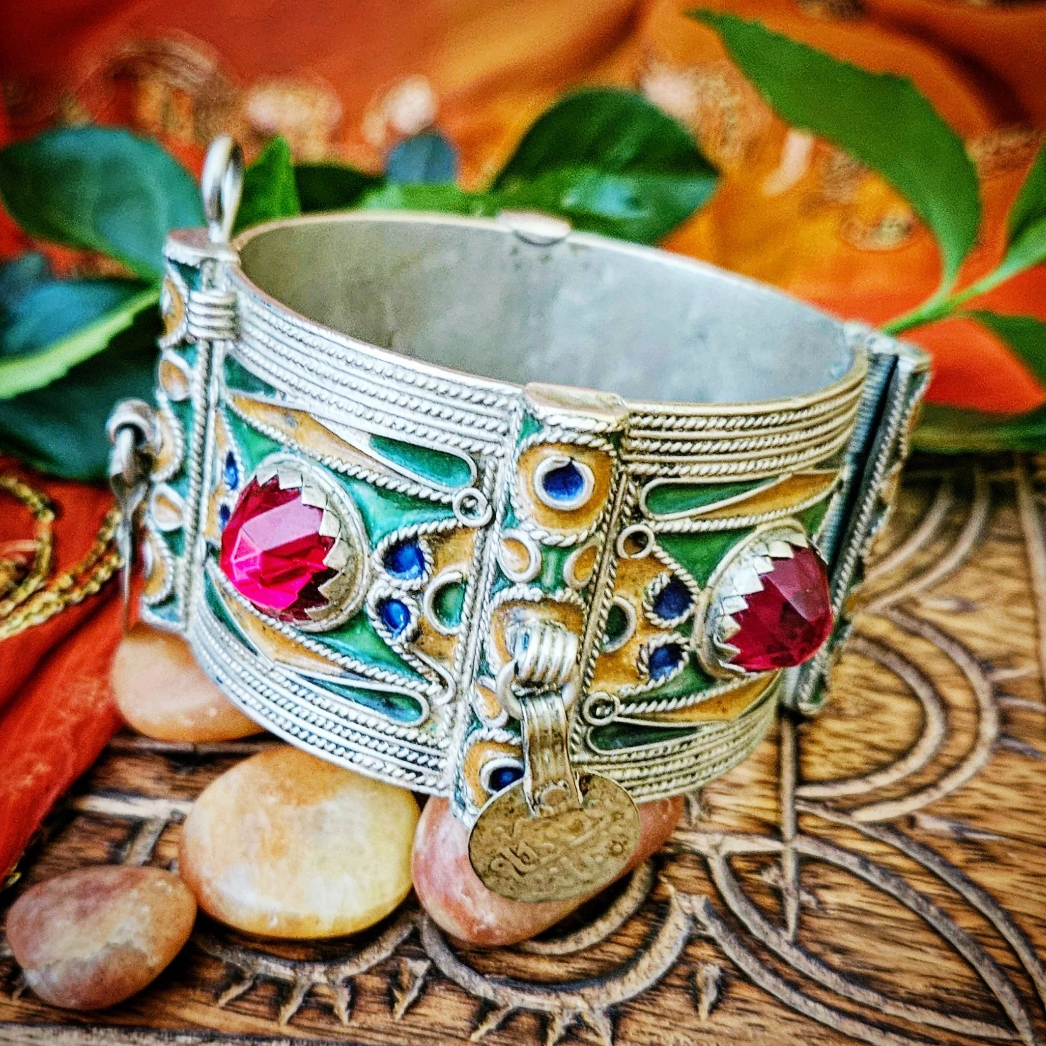 Vintage Berber Cuff Bracelet - Cuff with Enamel Jewels Coins - Pin and Hinge