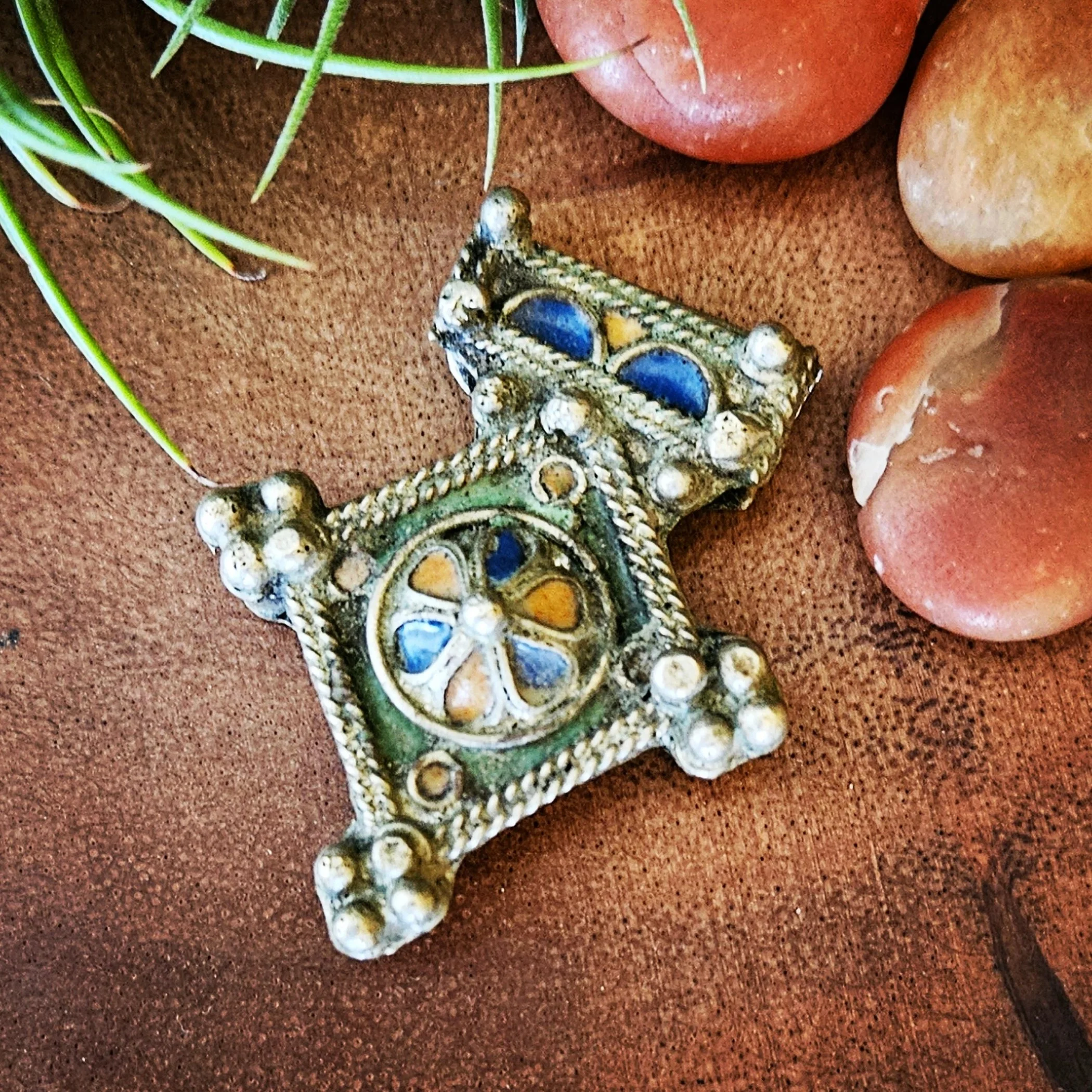 Amazigh Southern Cross Pendant - Vintage Enamel Berber Boghdad Pendant
