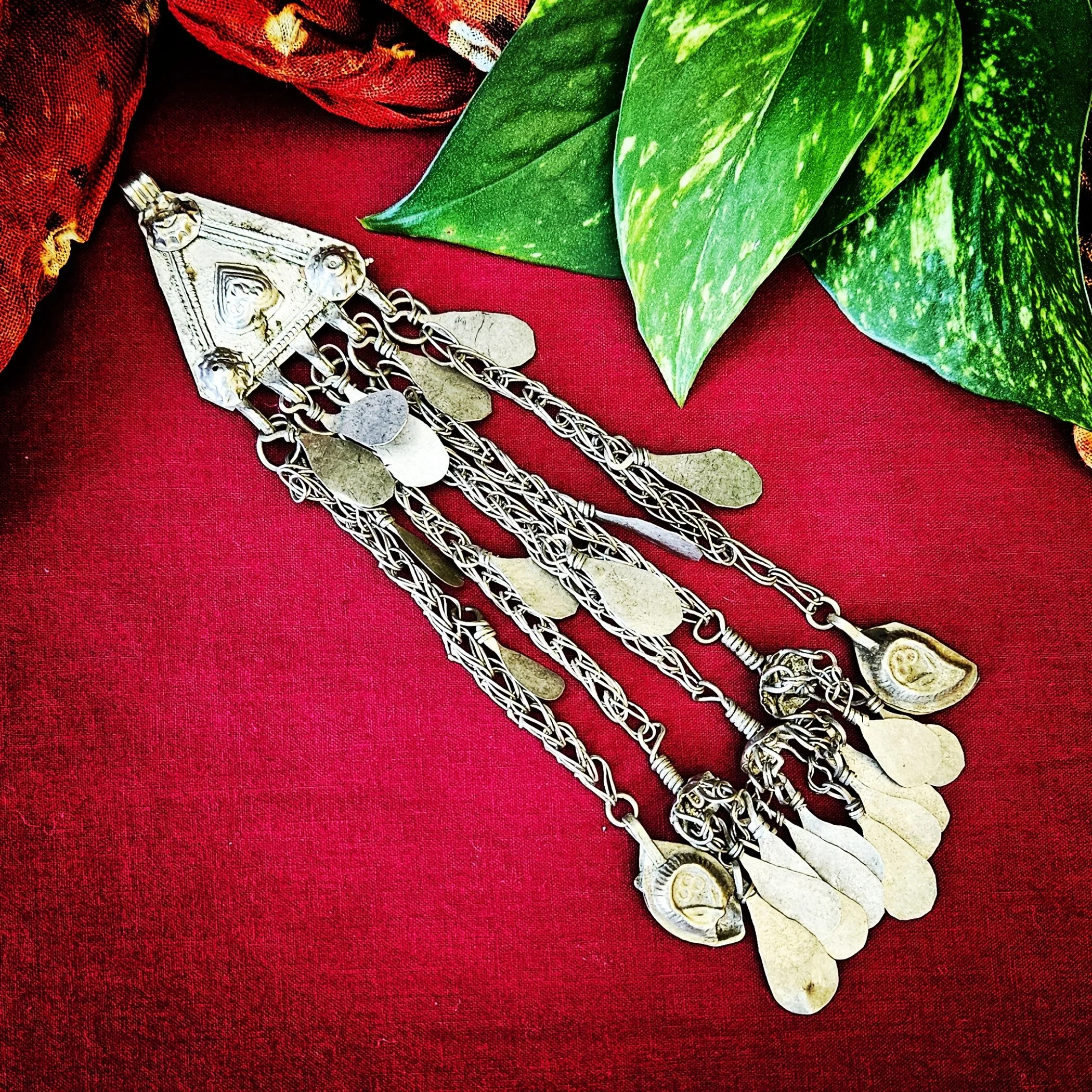 Vintage Kuchi Triangle Pendant - Small Tribal Pendant with Long Chains