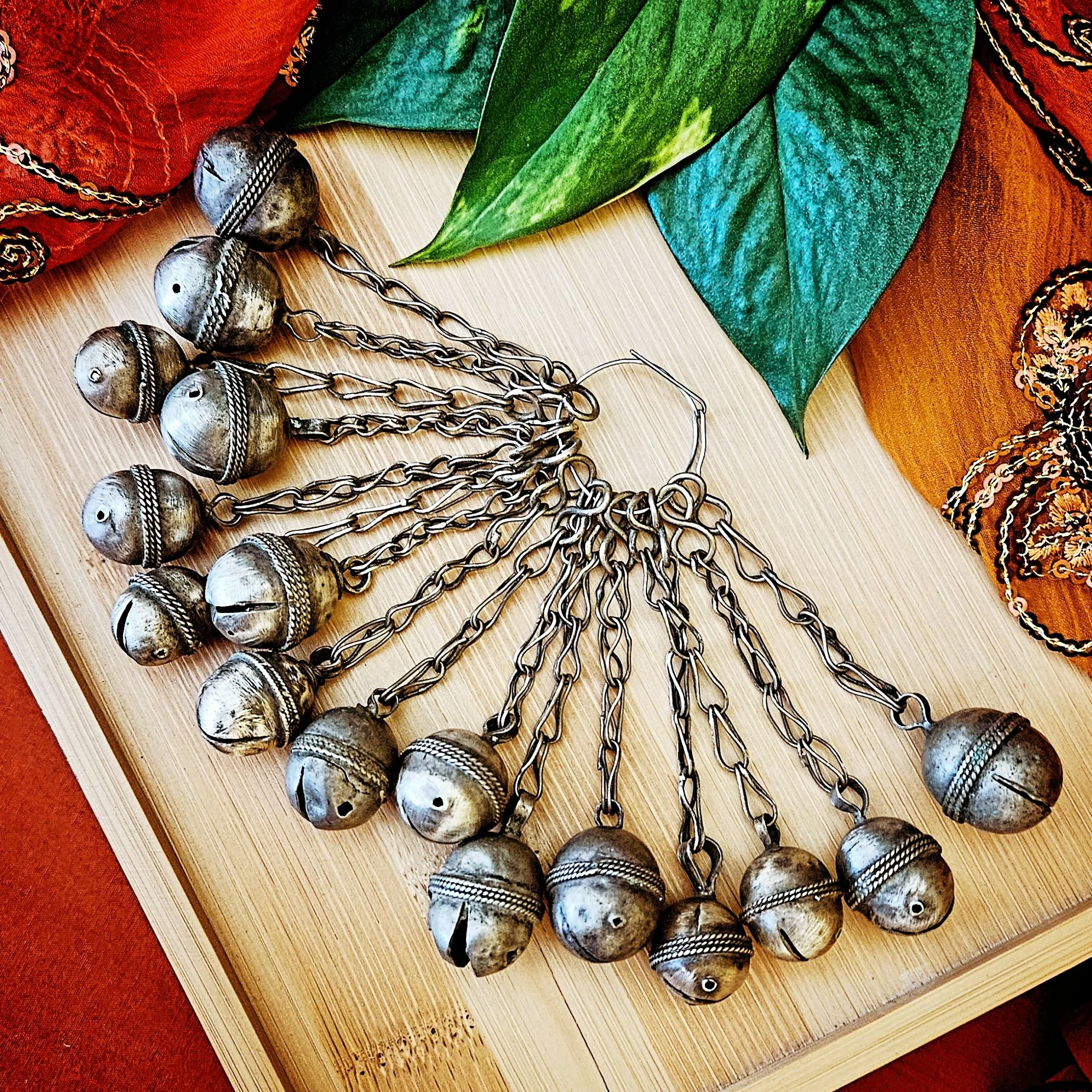 Sixteen Vintage Tribal Bells on Chain - Turkoman Bells - Turkmen Bells for Belly Dance DIY
