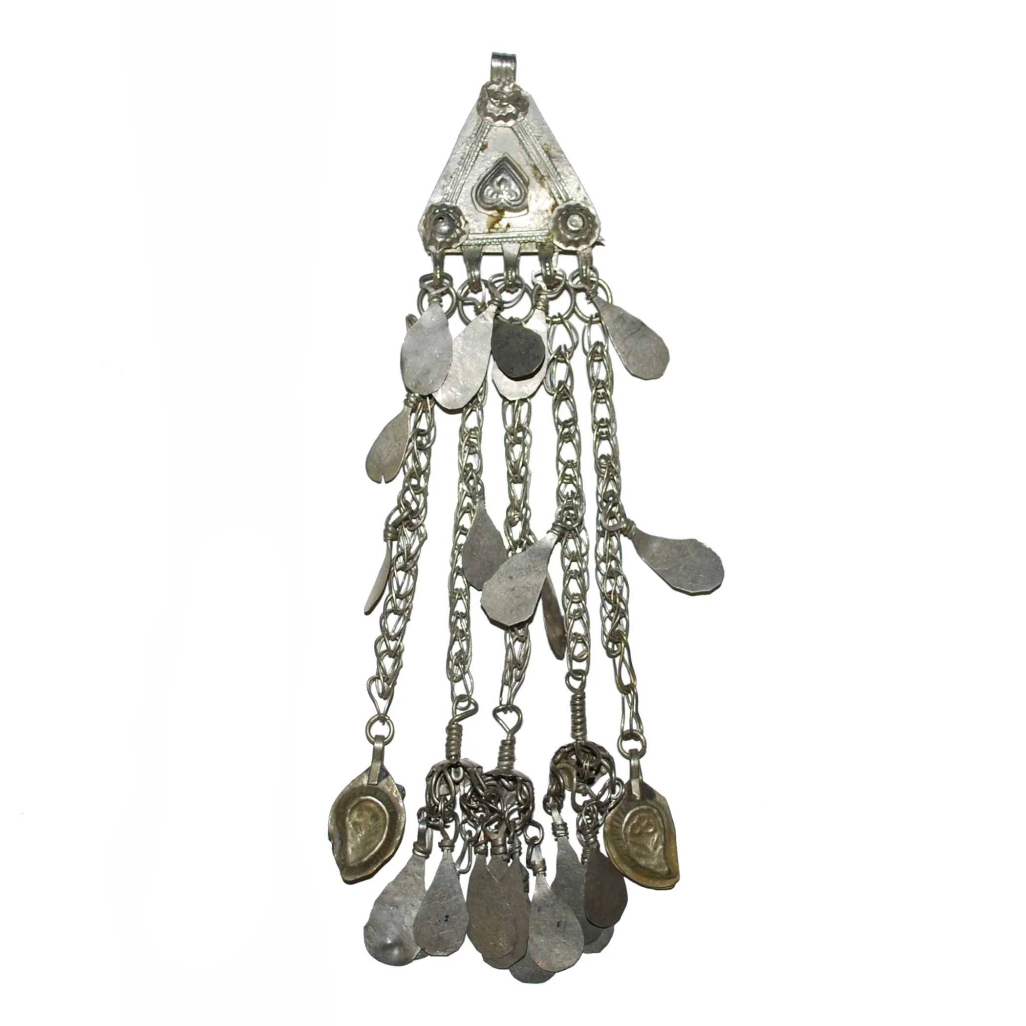 Vintage Kuchi Triangle Pendant - Small Tribal Pendant with Long Chains