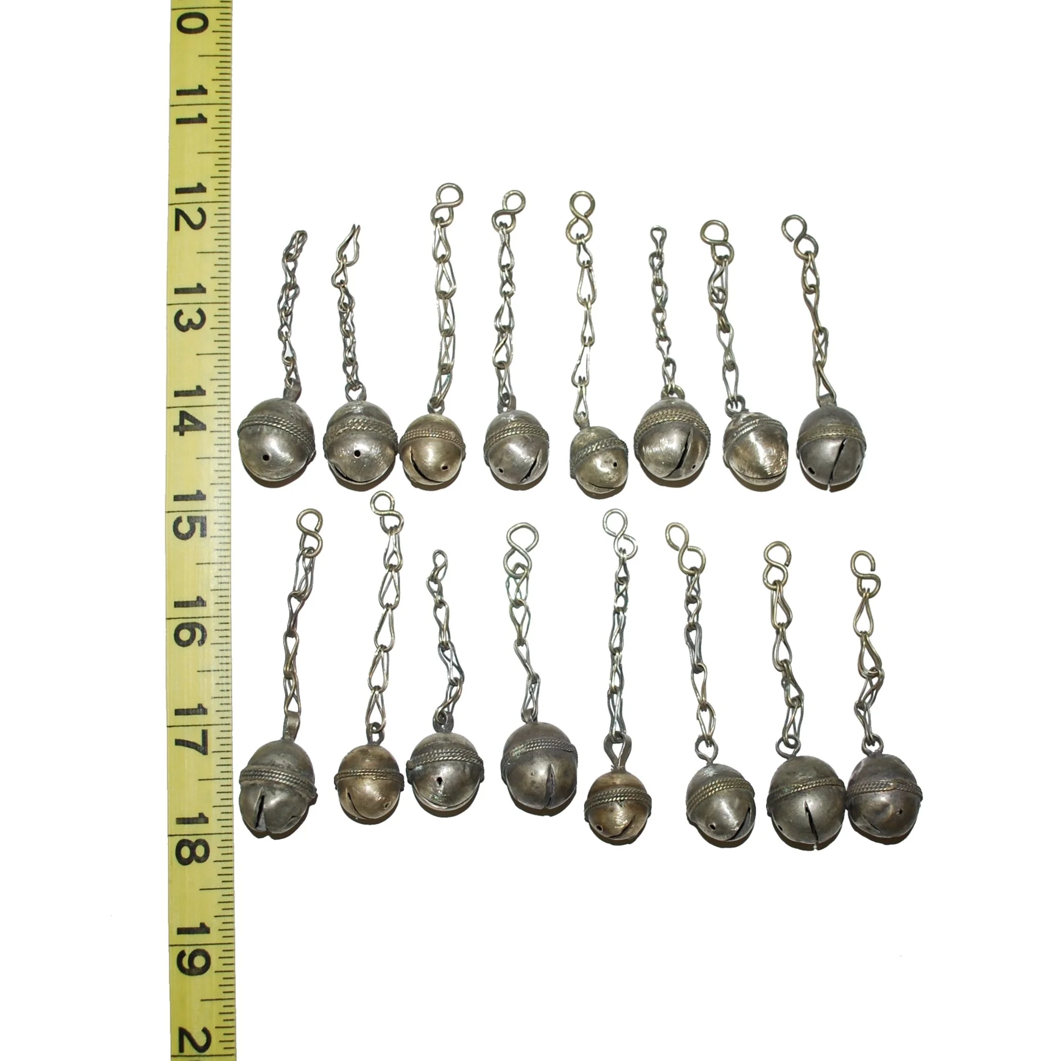 Sixteen Vintage Tribal Bells on Chain - Turkoman Bells - Turkmen Bells for Belly Dance DIY