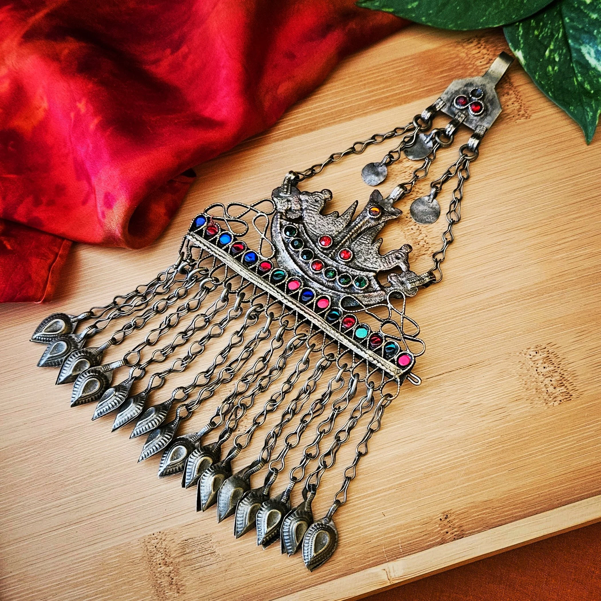 Large vintage Kuchi hair clip pendant with jewels