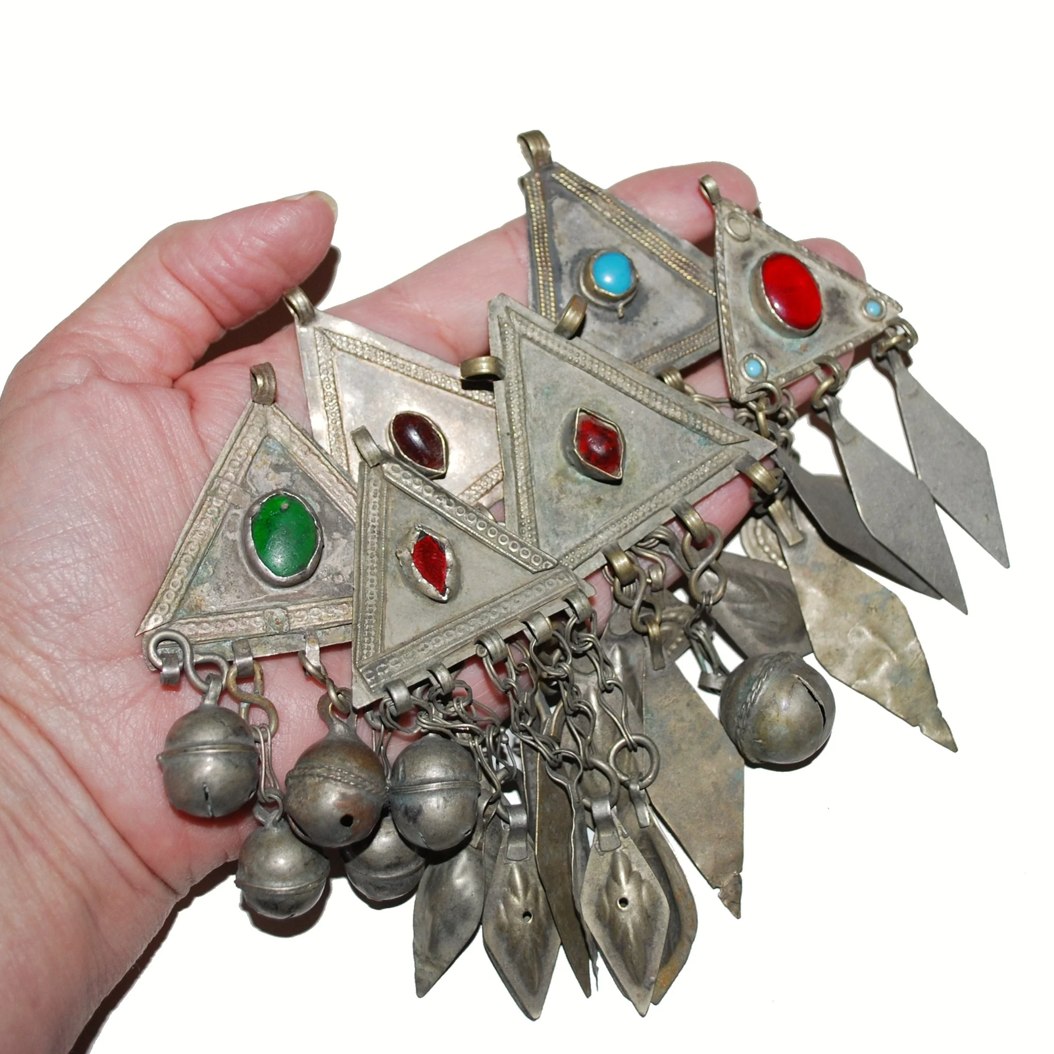 Six Turkoman Pendants - Vintage Triangle Pendants with Jewels - Turkman Variety