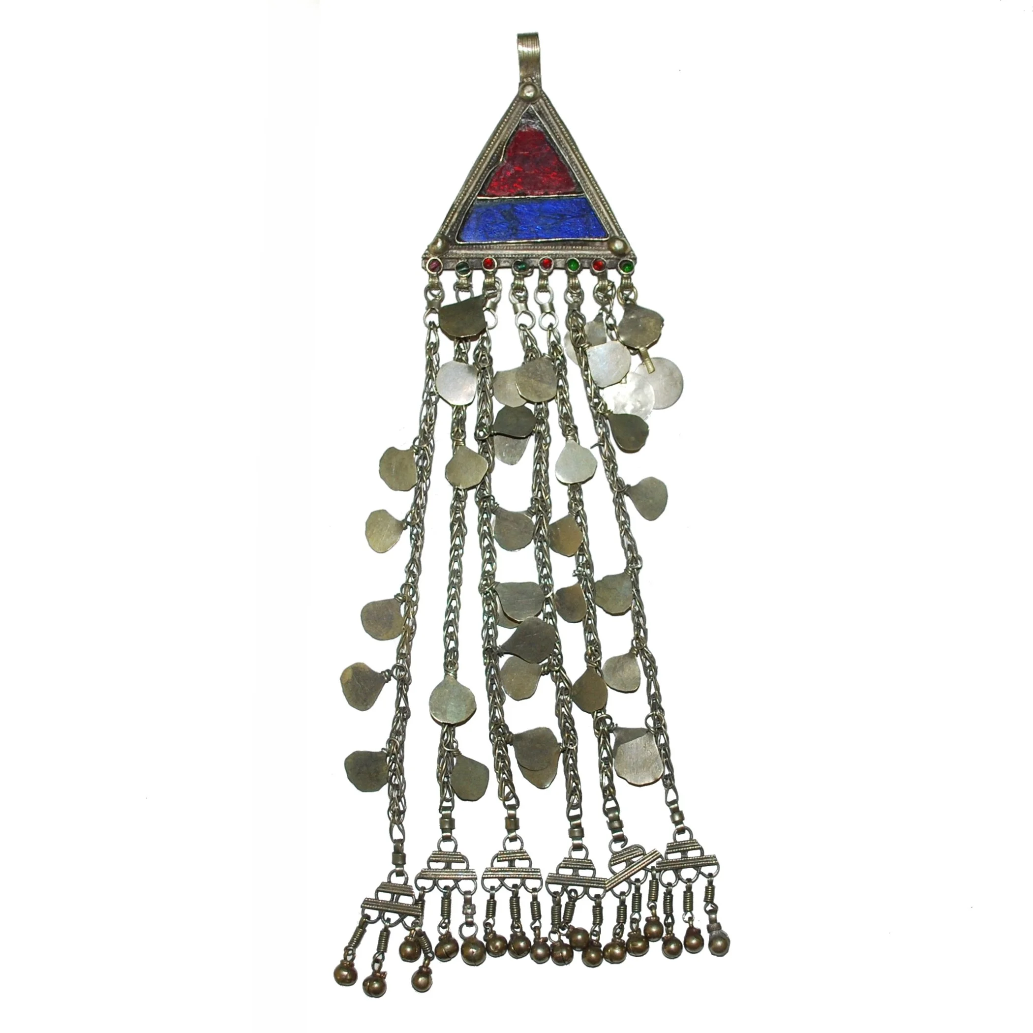 Vintage Kuchi Triangle Pendant - Large Glass Jewels - Tribal Belly Dance Pendant