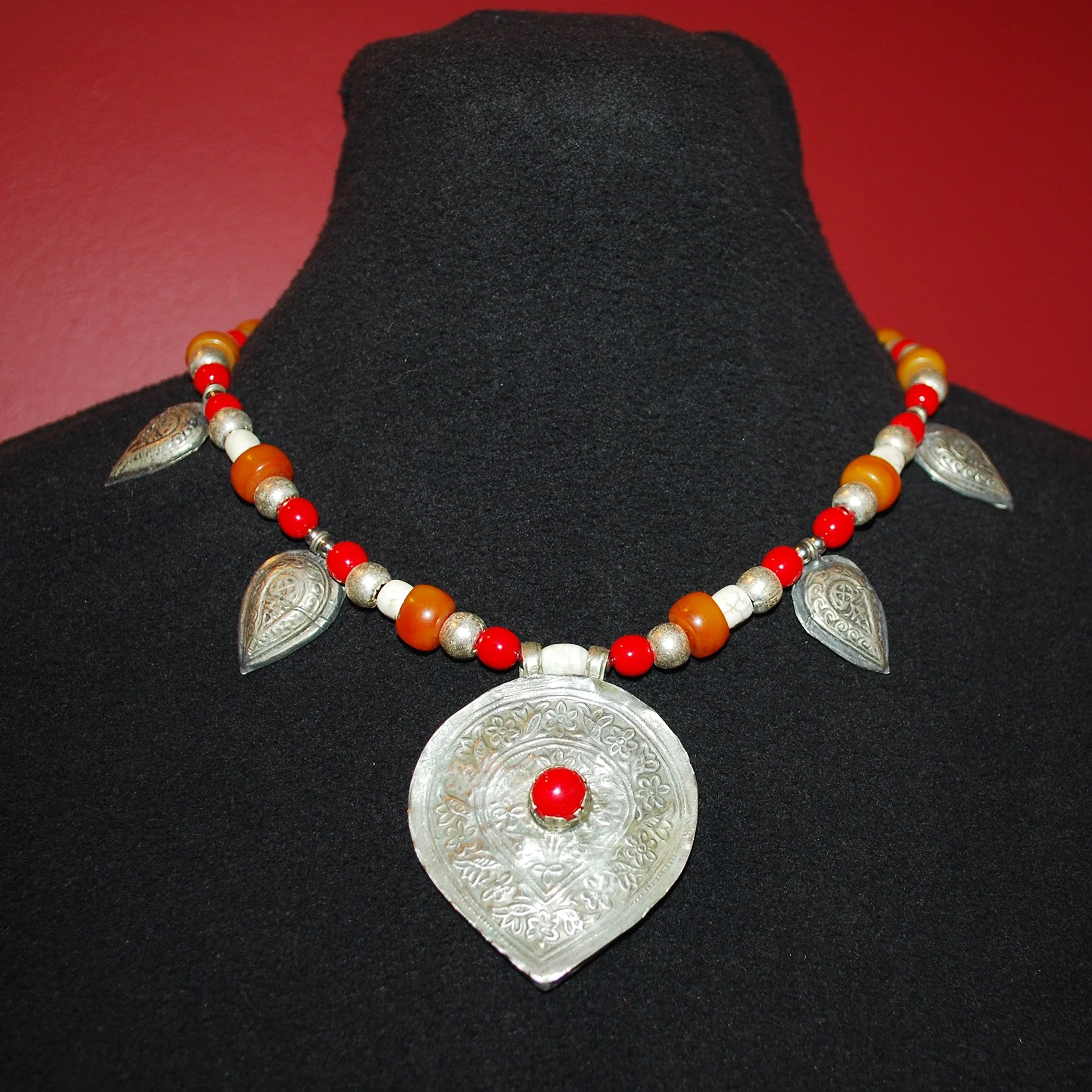 Kashmiri Pendant Necklace with Berber accent pieces - Copal Glass Stone Beads - Red Camel Designs