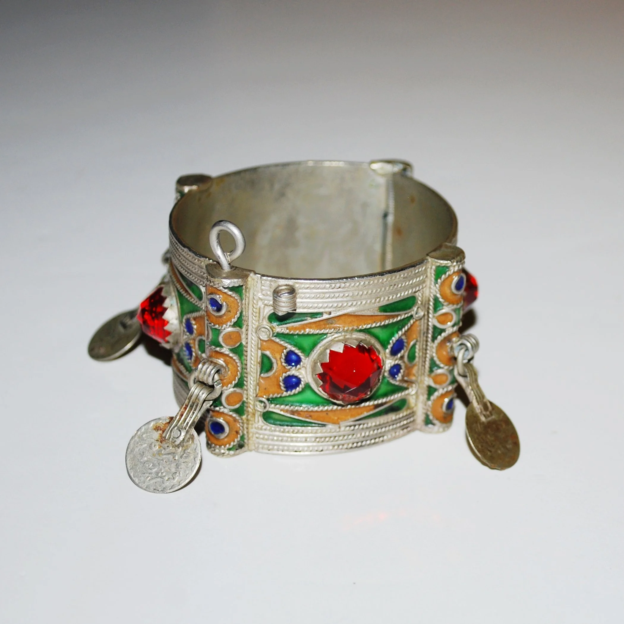 Vintage Berber Cuff Bracelet - Cuff with Enamel Jewels Coins - Pin and Hinge