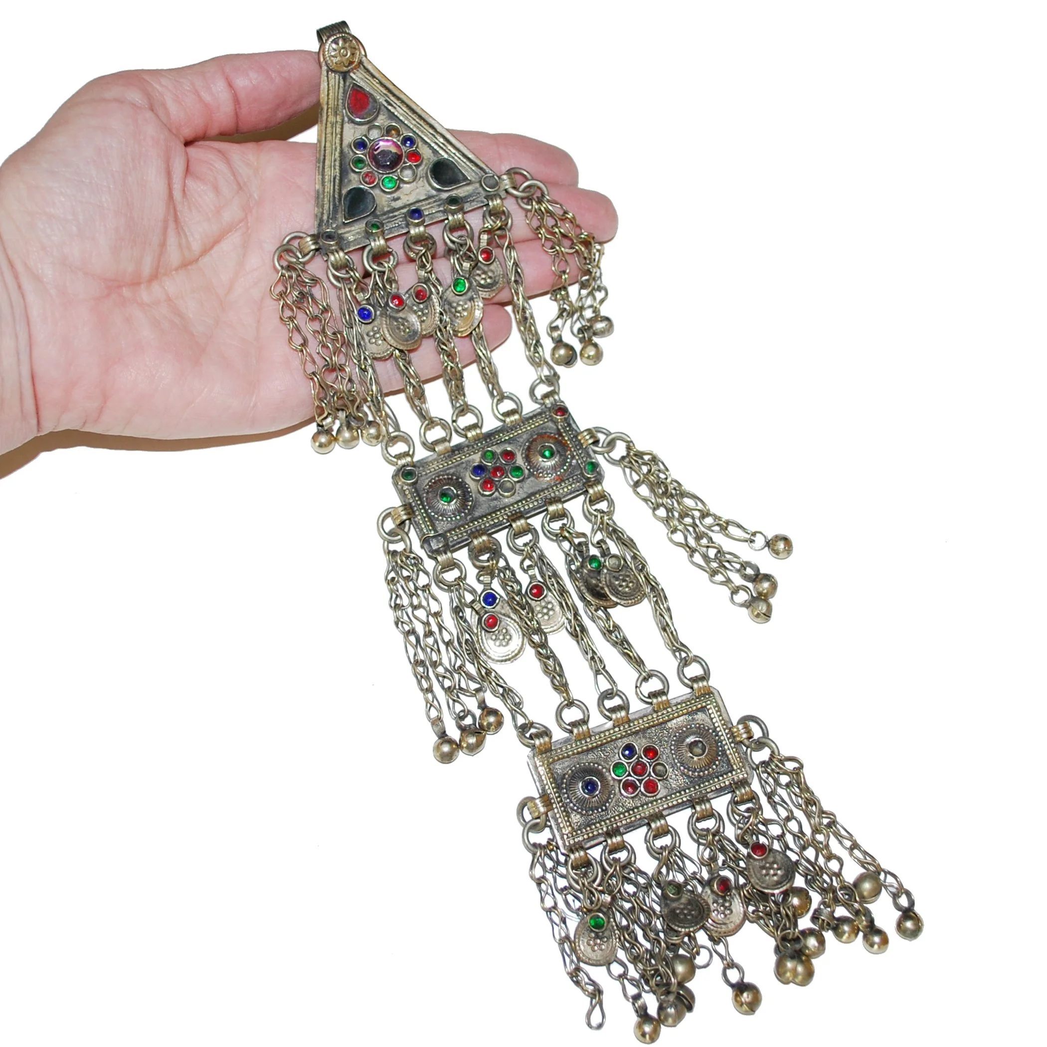 Vintage Afghan Pendant - Kuchi Pendant with Jewels Dangles - Belly Dance Jingle Pendant