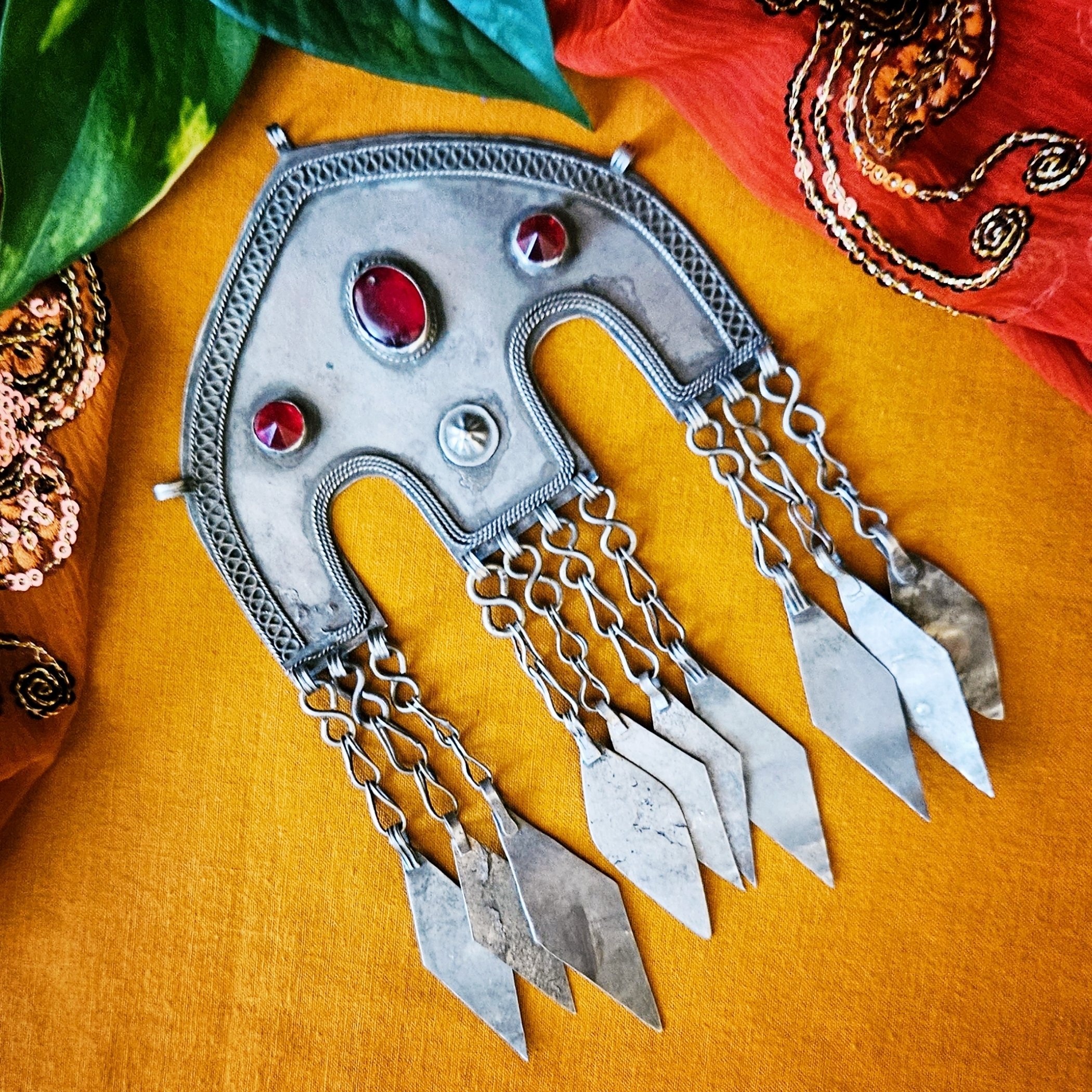 Vintage Turkoman Pendant - Large Tribal Pendant with Jewels - Great Detailing