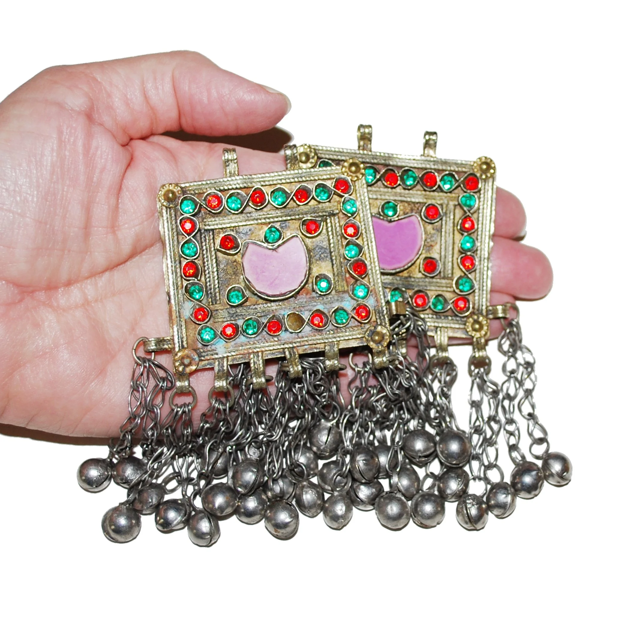Vintage Kuchi Square Pendants - PAIR - Matched Tribal Jingle Pendants - Belly Dance
