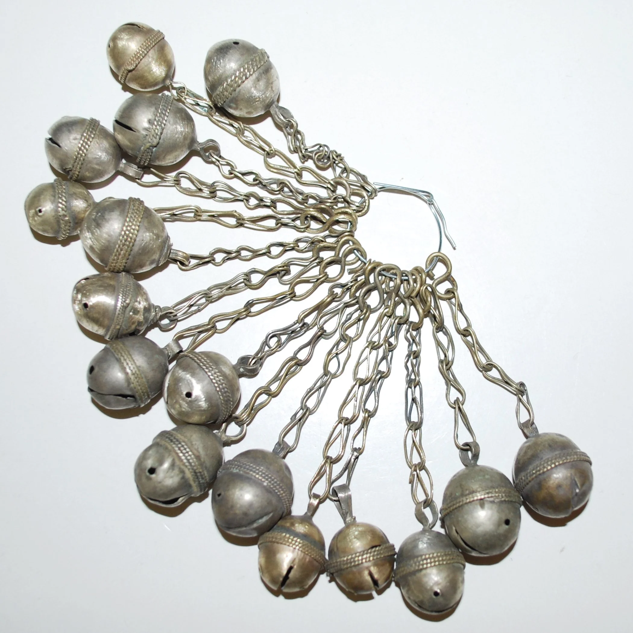 Sixteen Vintage Tribal Bells on Chain - Turkoman Bells - Turkmen Bells for Belly Dance DIY