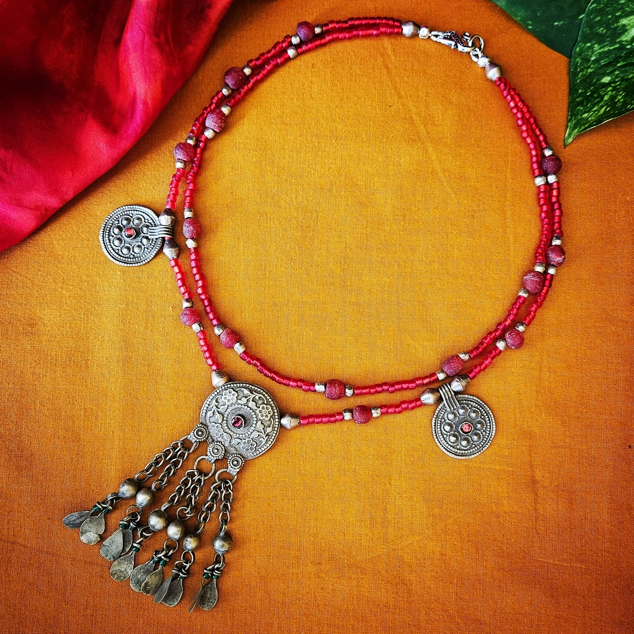 Beaded Necklace with Kuchi Charms - Double Strand Trade Beads - Red Camel Designs