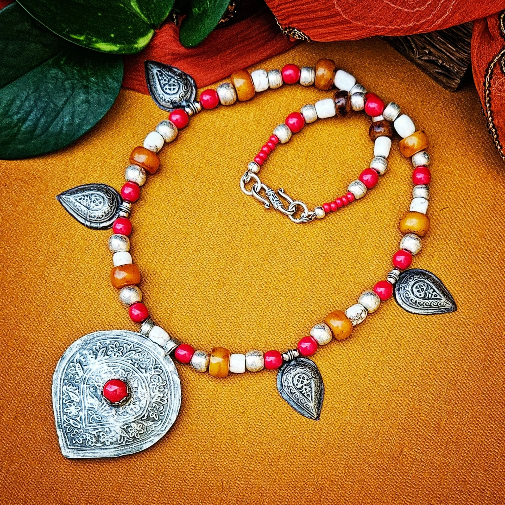Kashmiri Pendant Necklace with Berber accent pieces - Copal Glass Stone Beads - Red Camel Designs
