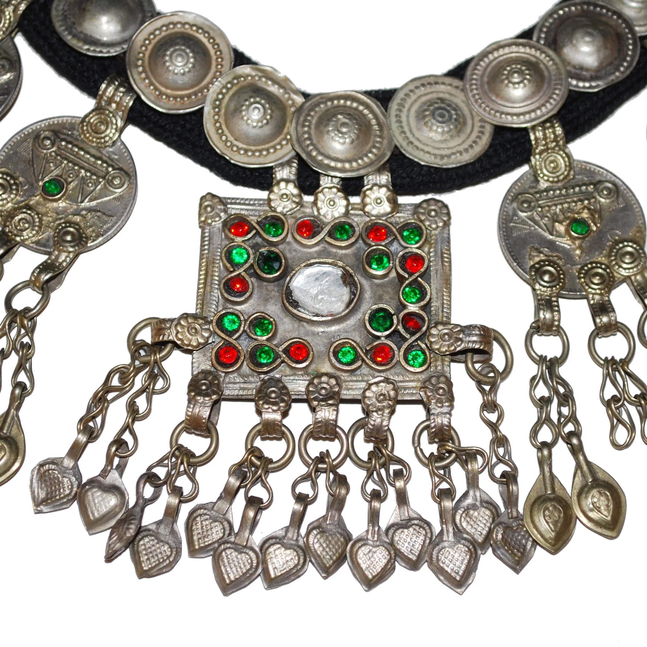 Kuchi Jingle Pendants Necklace - Vintage Bells Coins Jewels on Black Cord