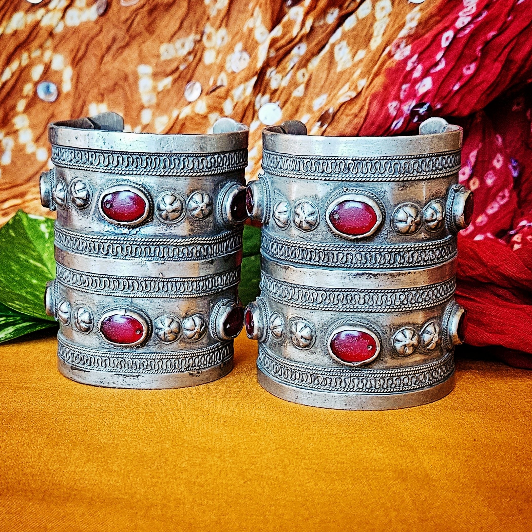 Turkoman Vintage Cuffs Pair - Turkmen 2 Row Bilezik Bracelets - Belly Dance