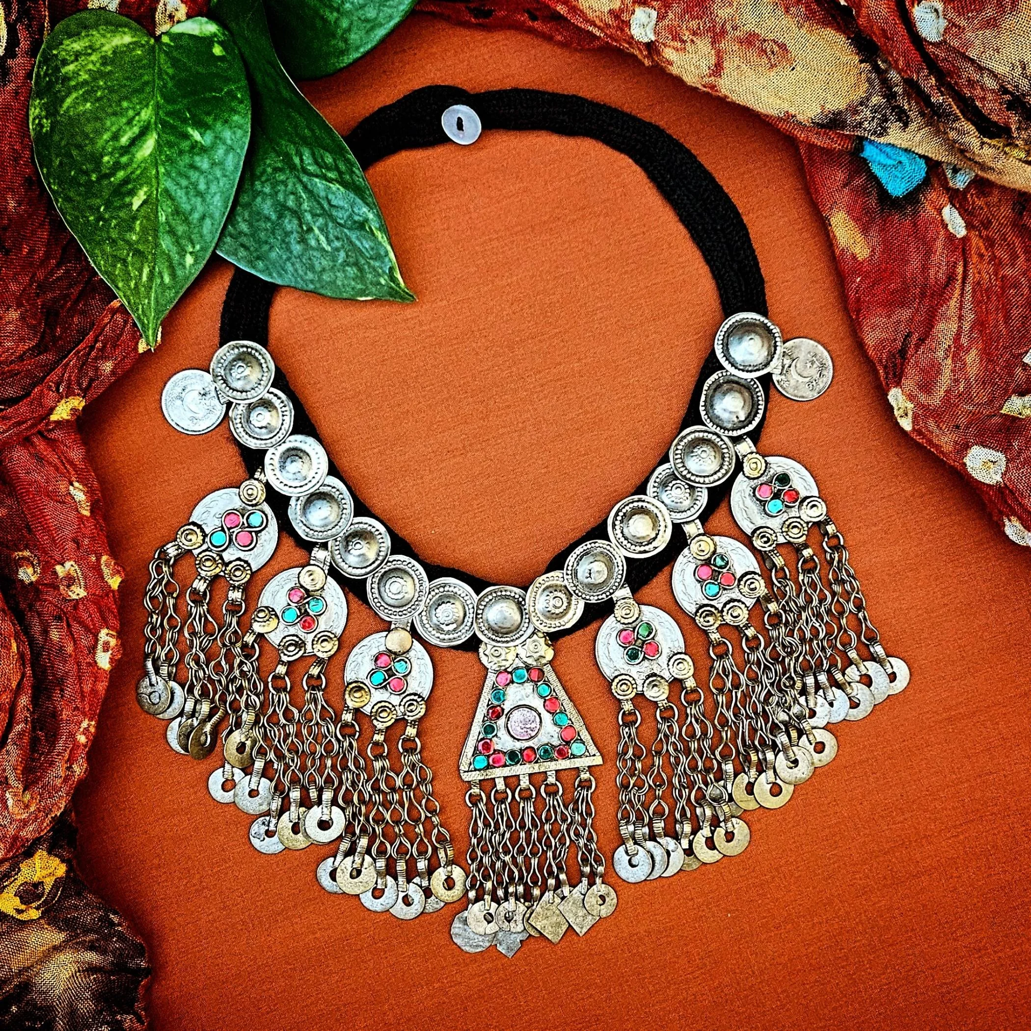 Kuchi Coin and Jingle Pendants Necklace - Tribal Coins Buttons Jewels on Black Cord