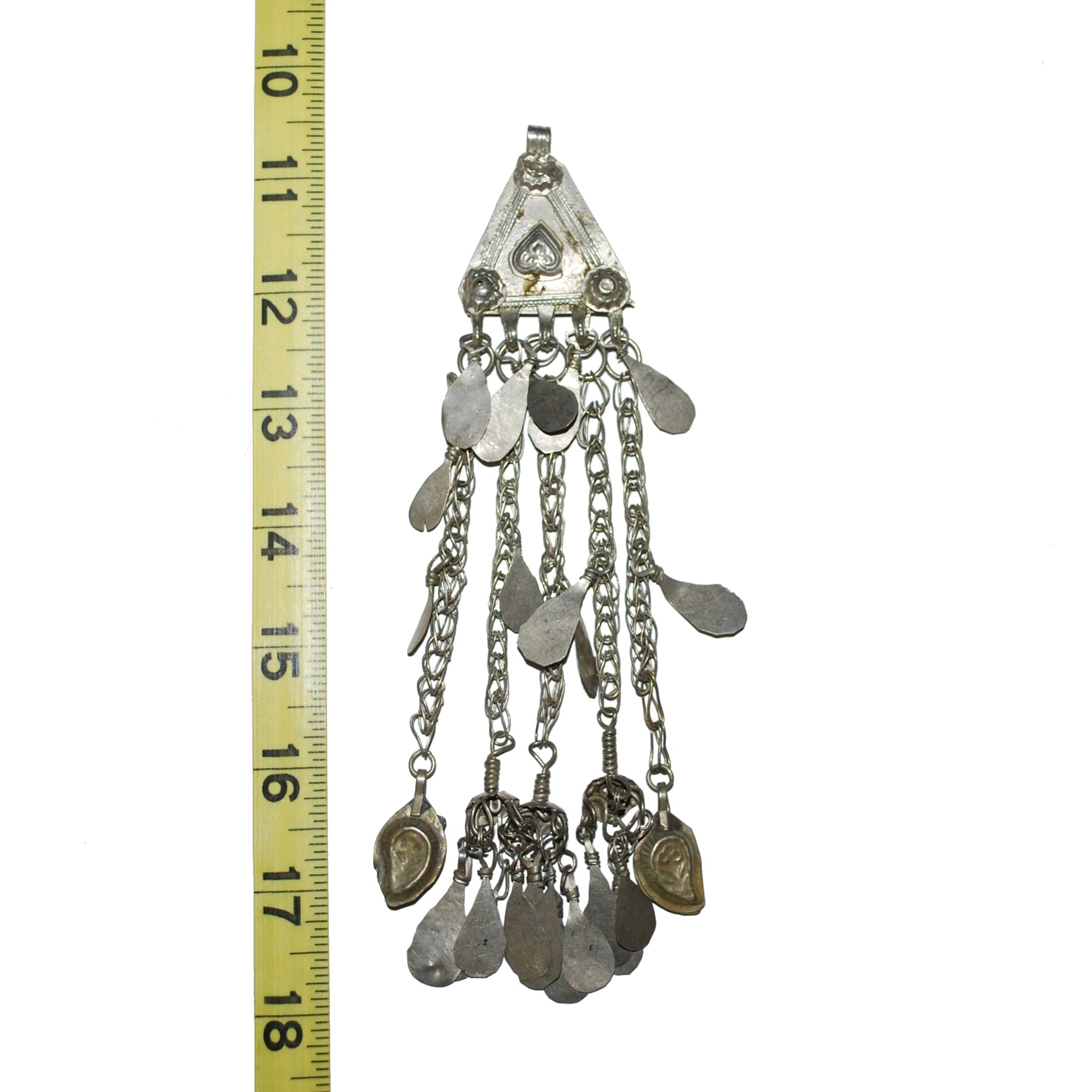 Vintage Kuchi Triangle Pendant - Small Tribal Pendant with Long Chains