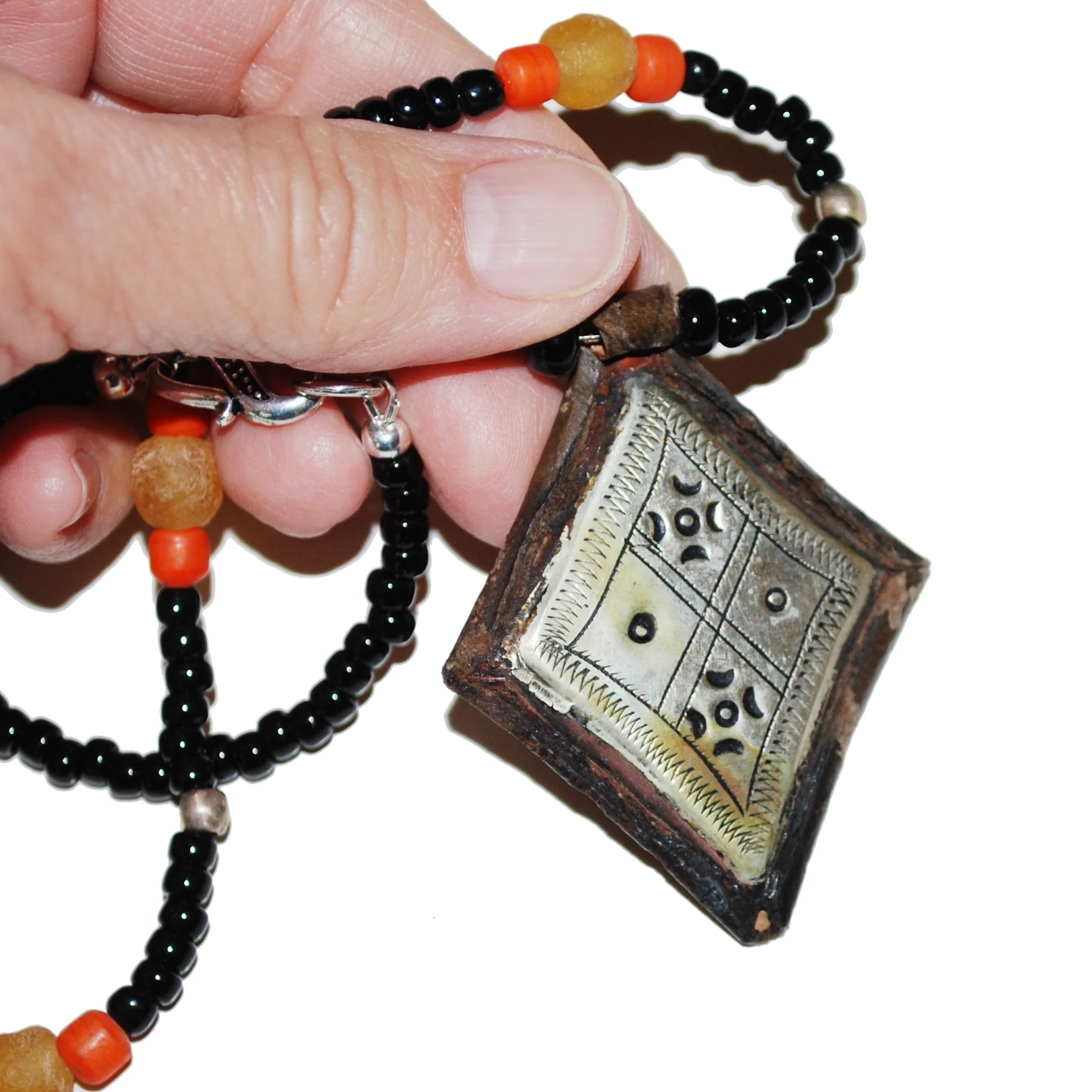 Vintage Tuareg Pendant on Beaded Necklace - Moroccan Pendant - Red Camel Designs
