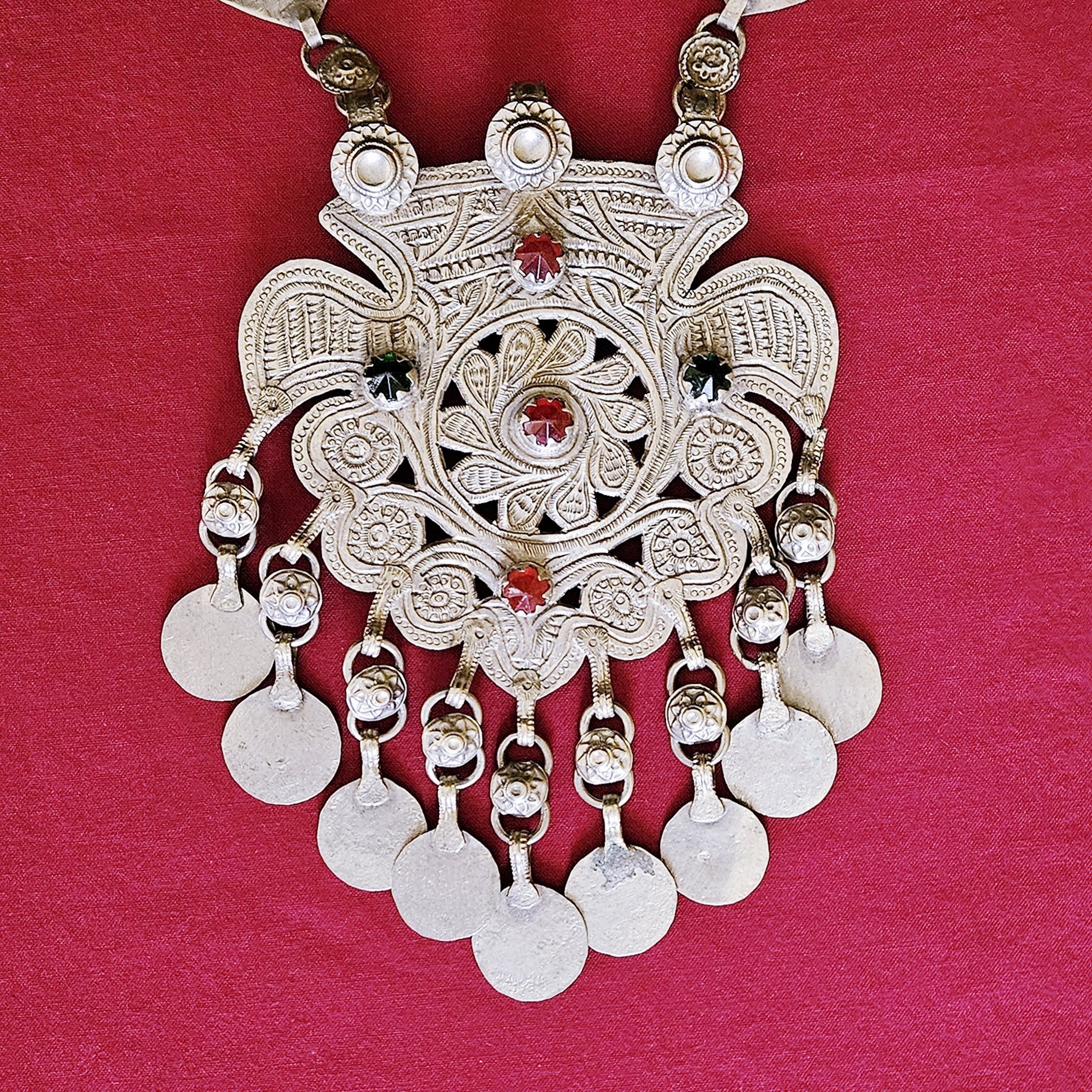 Large Kashmiri Pendant Necklace - Vintage Tribal Etched Necklace - Glass Jewels