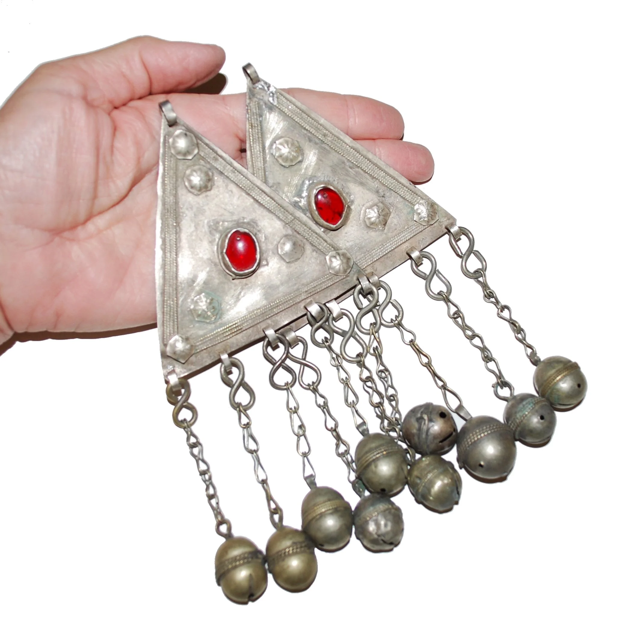 Vintage Turkoman Pendants PAIR - Large Triangles with Jewels / Bells