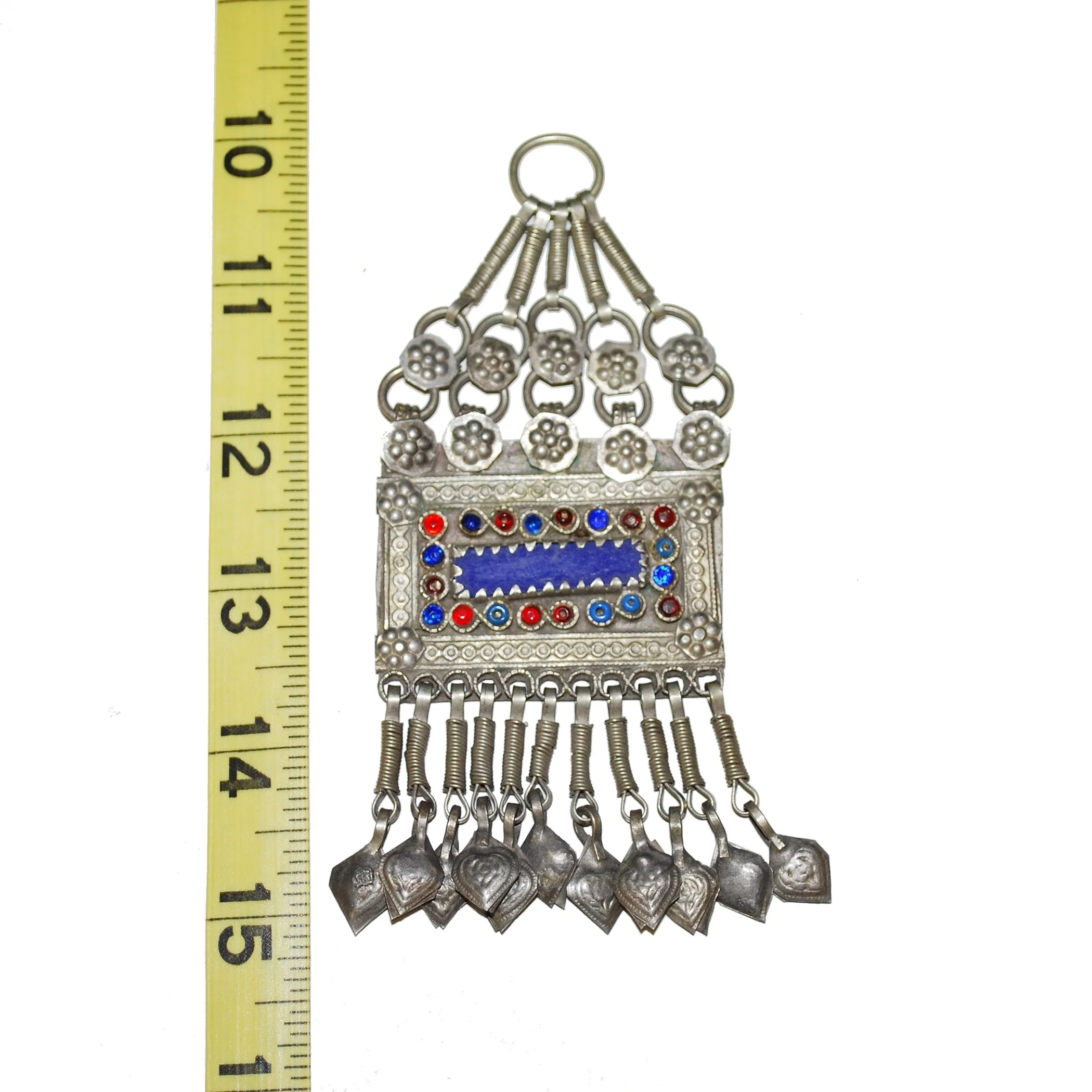 Kuchi Pendant - Vintage Tribal Square Pendant with Jewels - Blue Belly Dance