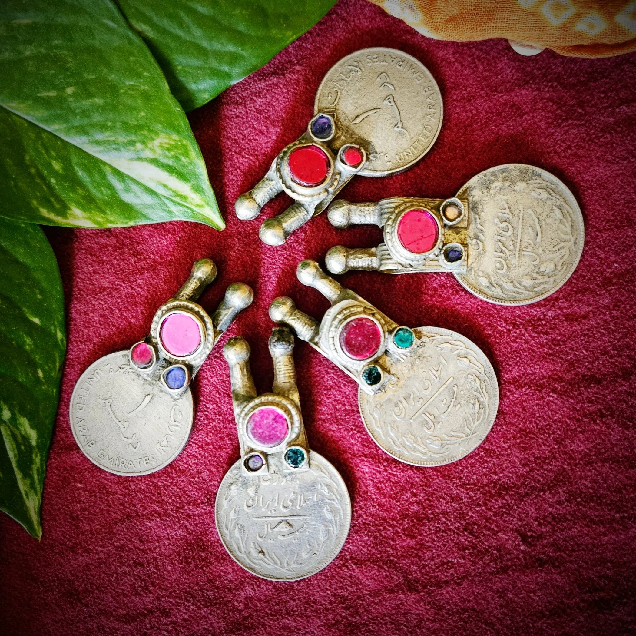 Vintage Kuchi Coins with Tall Bales - 5 Embellished Coins - Belly Dance DIY