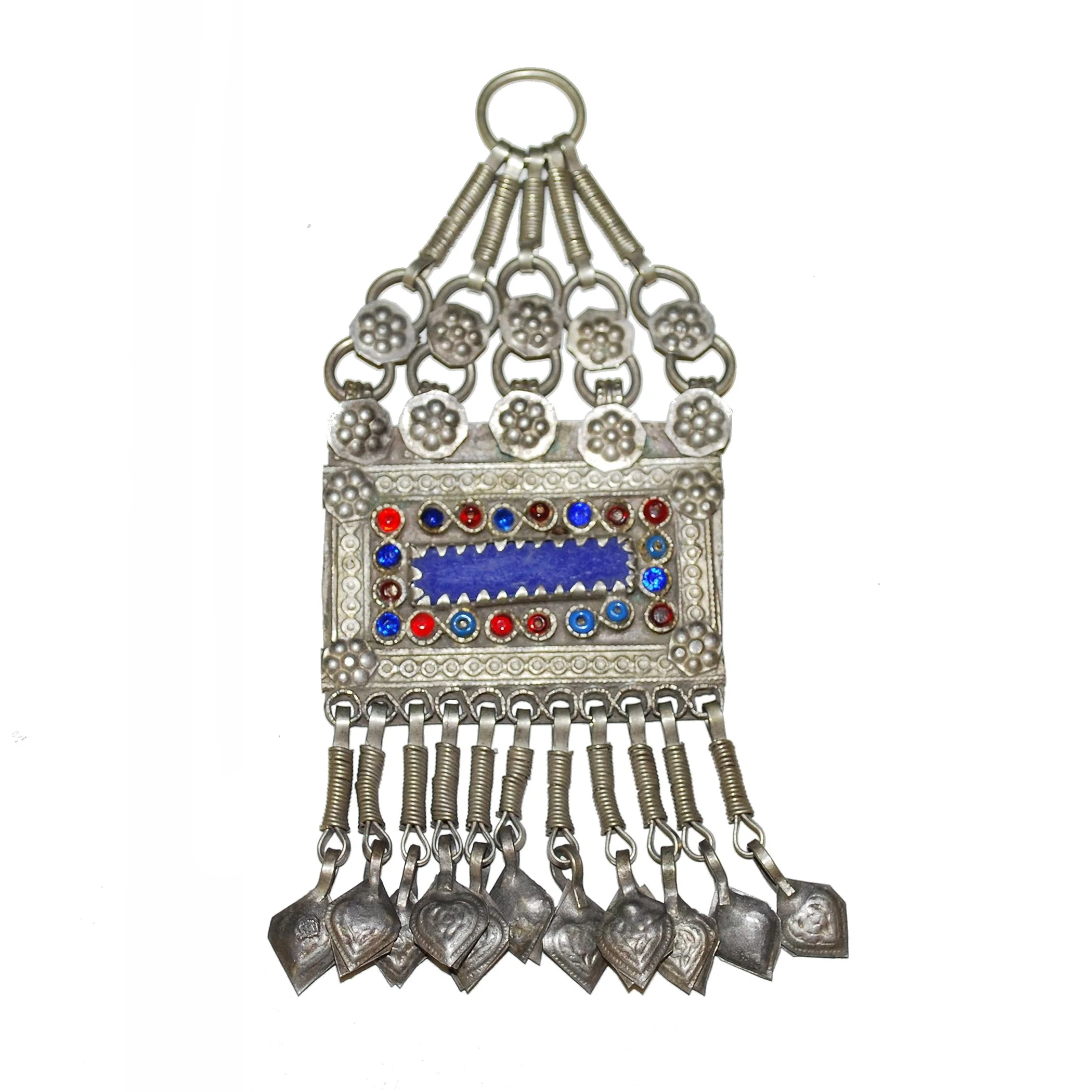 Kuchi Pendant - Vintage Tribal Square Pendant with Jewels - Blue Belly Dance