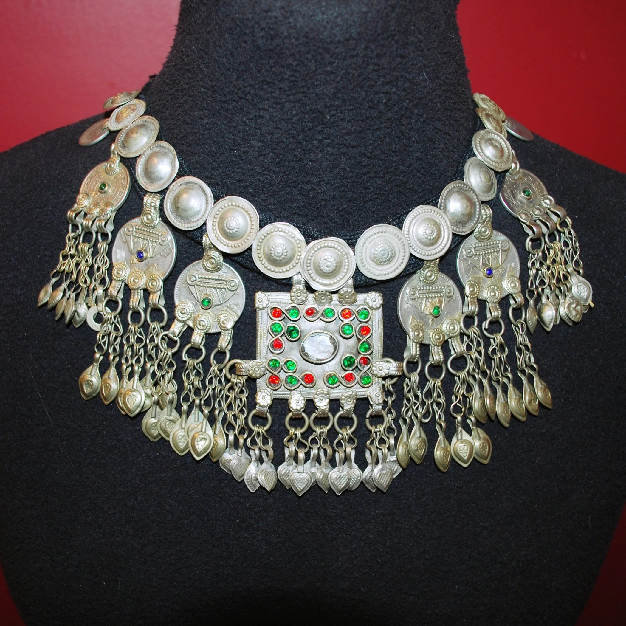 Kuchi Jingle Pendants Necklace - Vintage Bells Coins Jewels on Black Cord