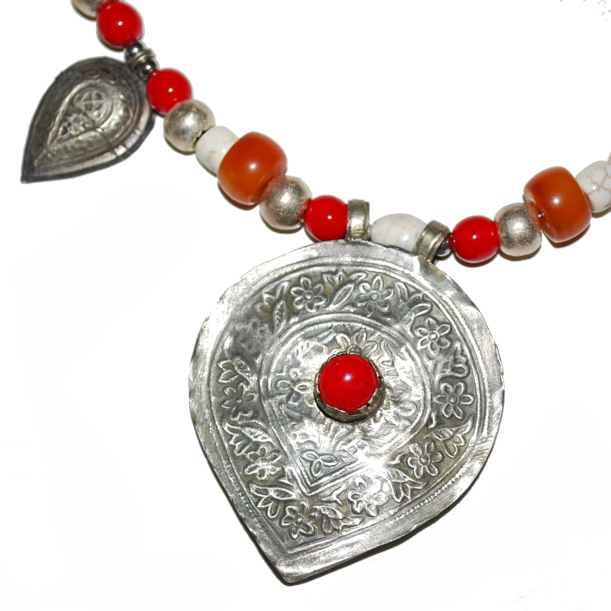 Kashmiri Pendant Necklace with Berber accent pieces - Copal Glass Stone Beads - Red Camel Designs