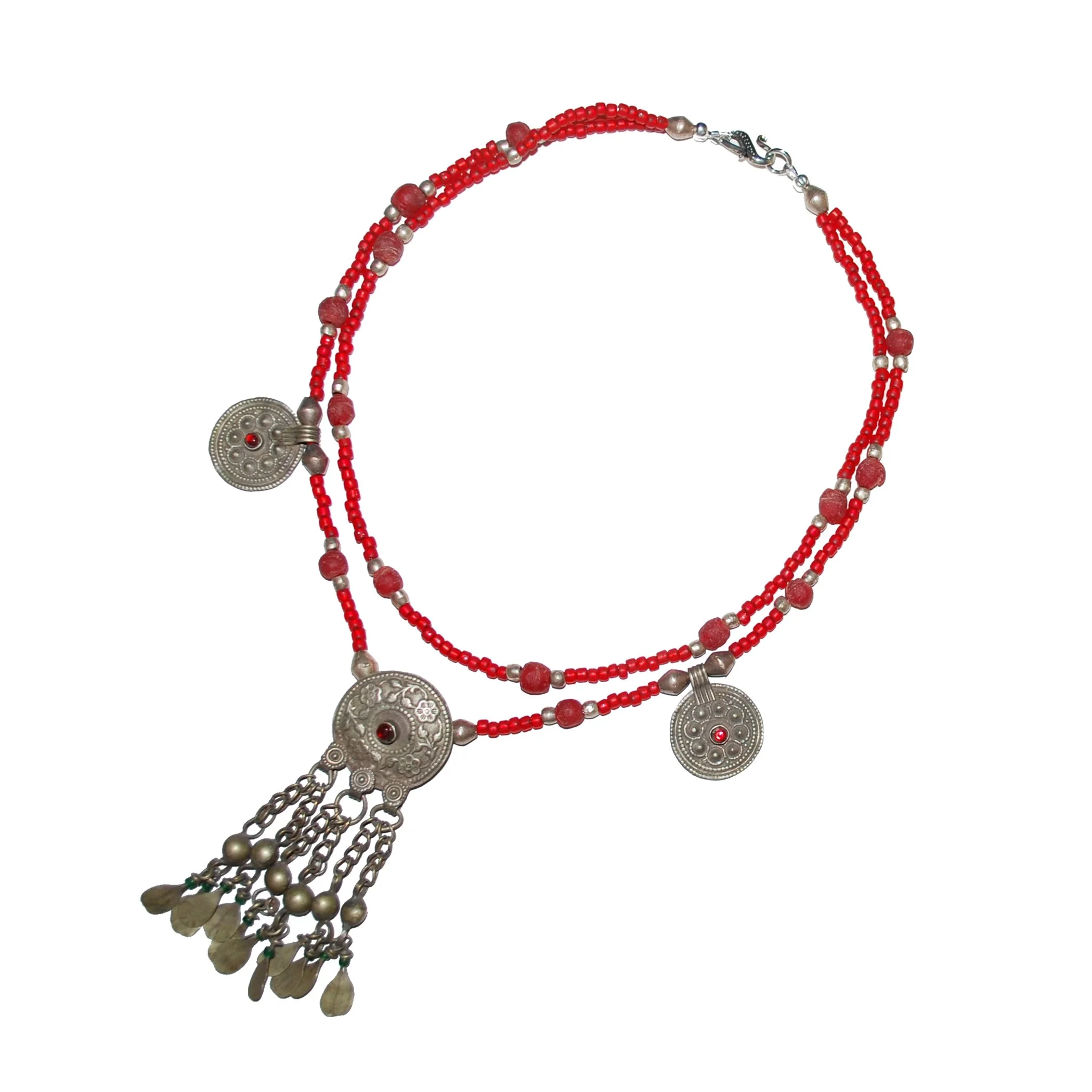 Beaded Necklace with Kuchi Charms - Double Strand Trade Beads - Red Camel Designs