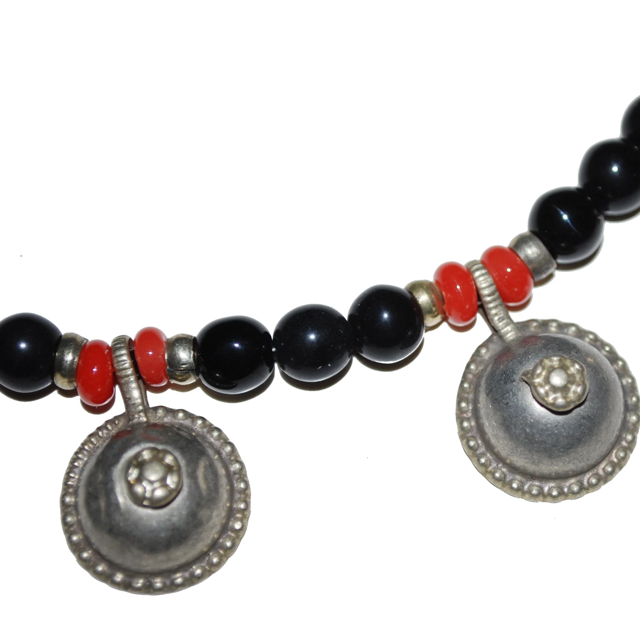 Glass Beaded Necklace - Black Red with Kuchi Charms - Red Camel Designs
