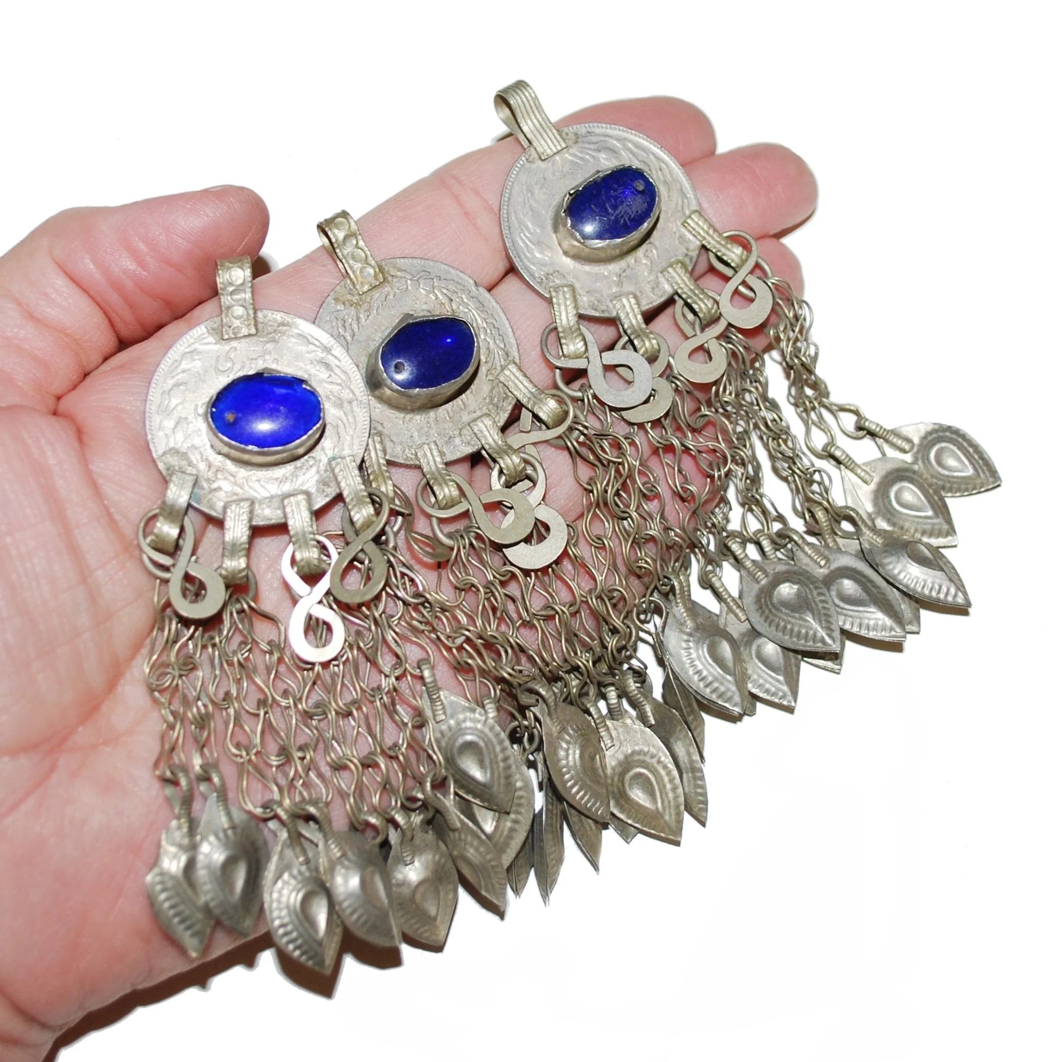Vintage Kuchi Coin Jewel Pendants - Three Pendants with Hollow Dangles - Belly Dance DIY