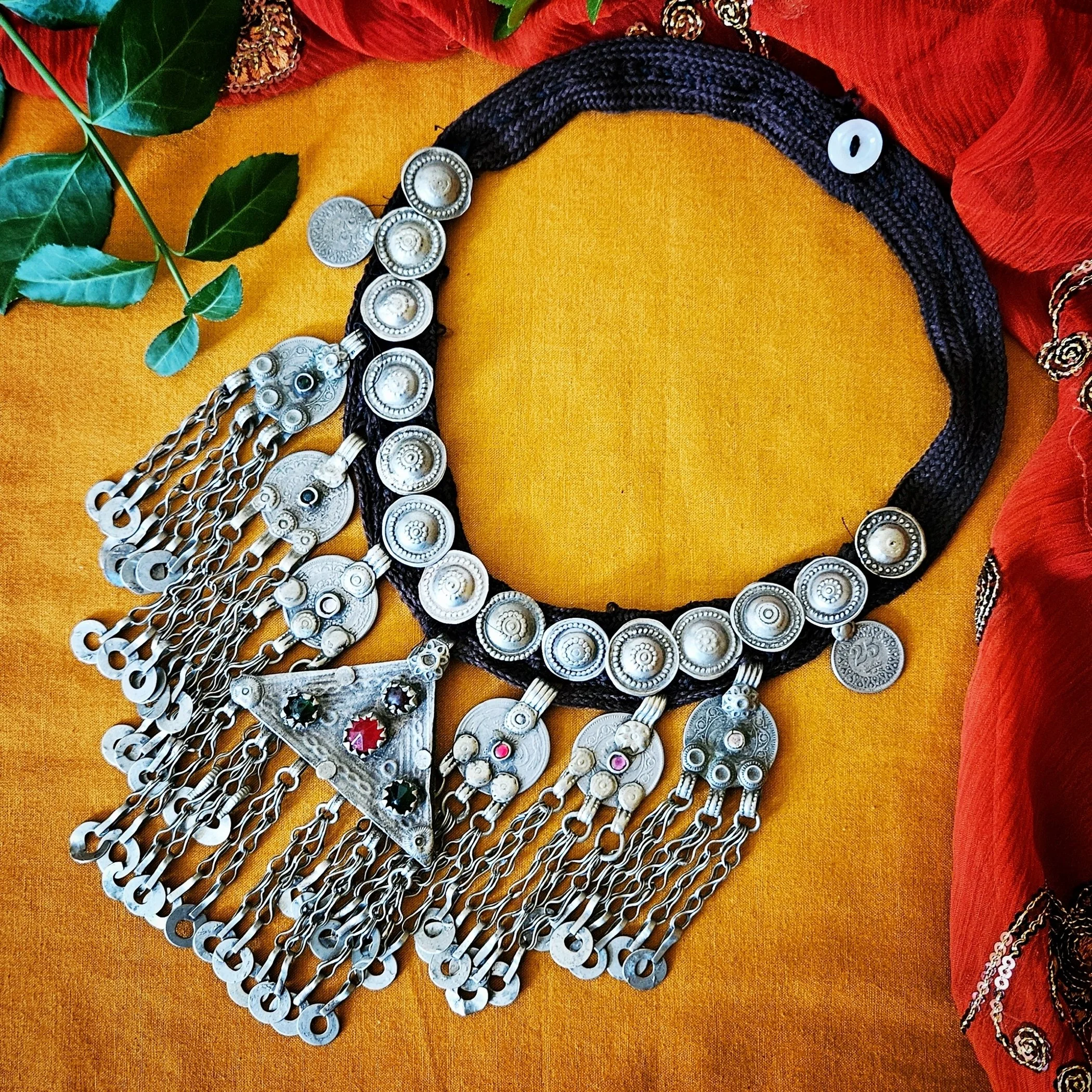 Belly Dance Necklace with Jingle Coins - Kuchi Vintage Triangle Pendant