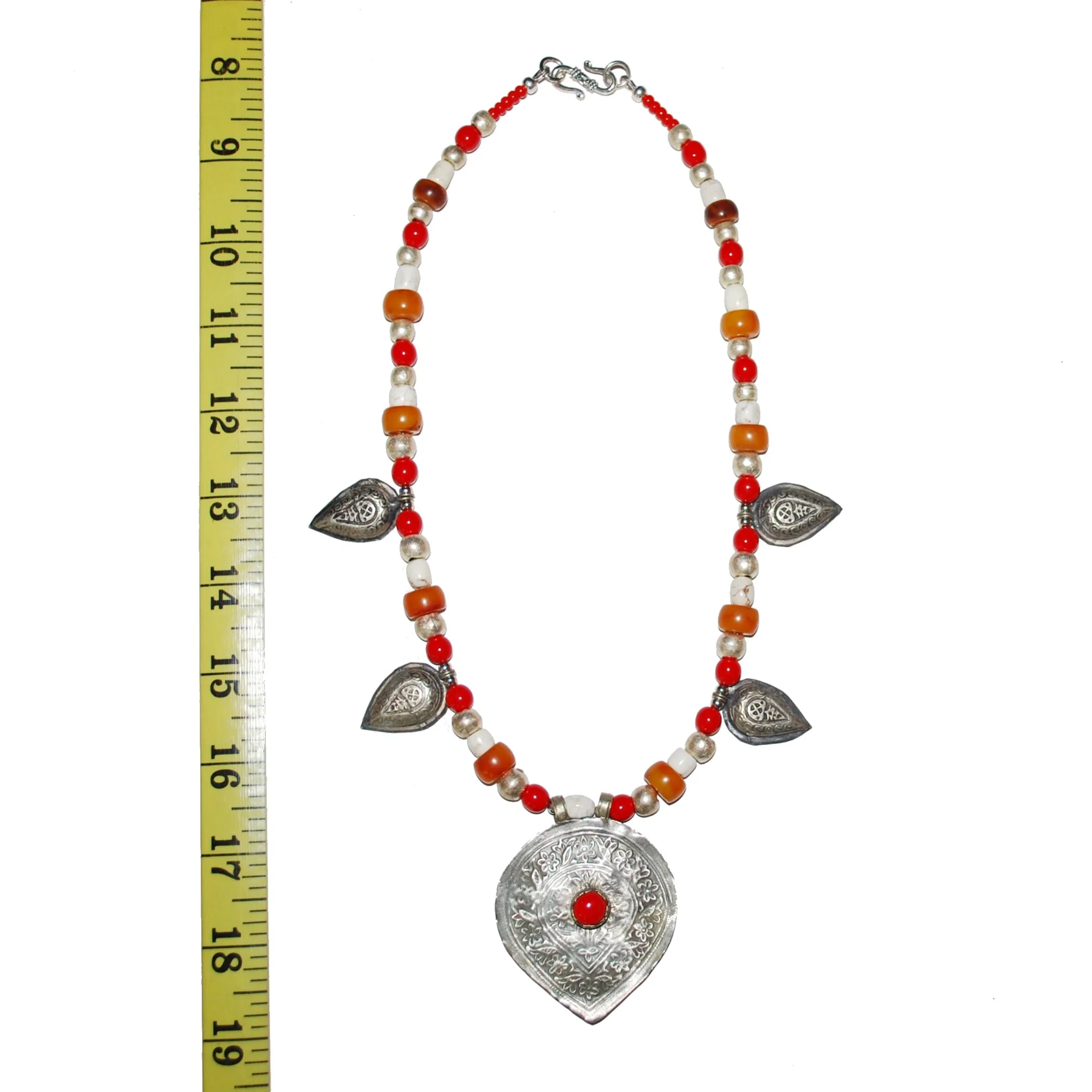 Kashmiri Pendant Necklace with Berber accent pieces - Copal Glass Stone Beads - Red Camel Designs