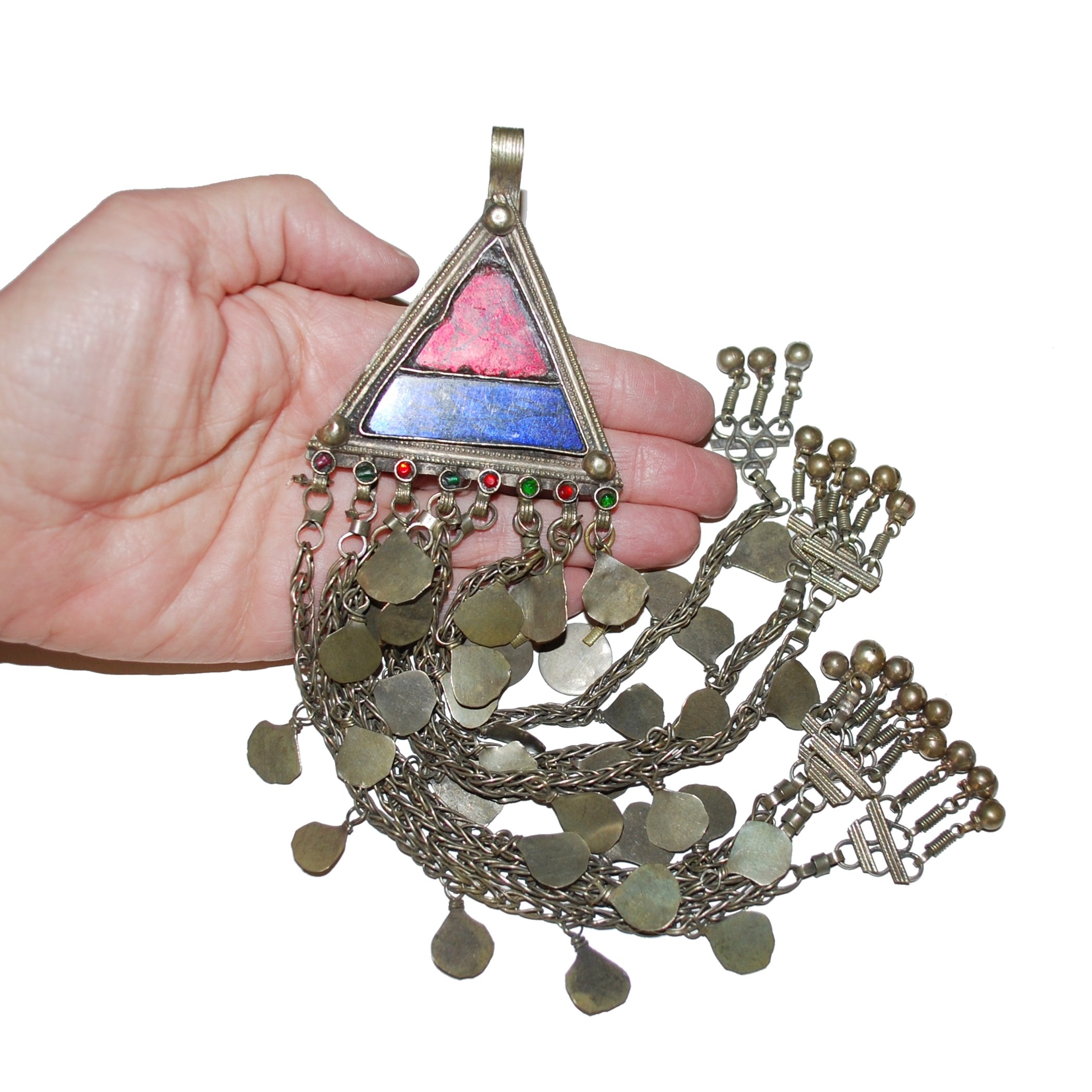 Vintage Kuchi Triangle Pendant - Large Glass Jewels - Tribal Belly Dance Pendant