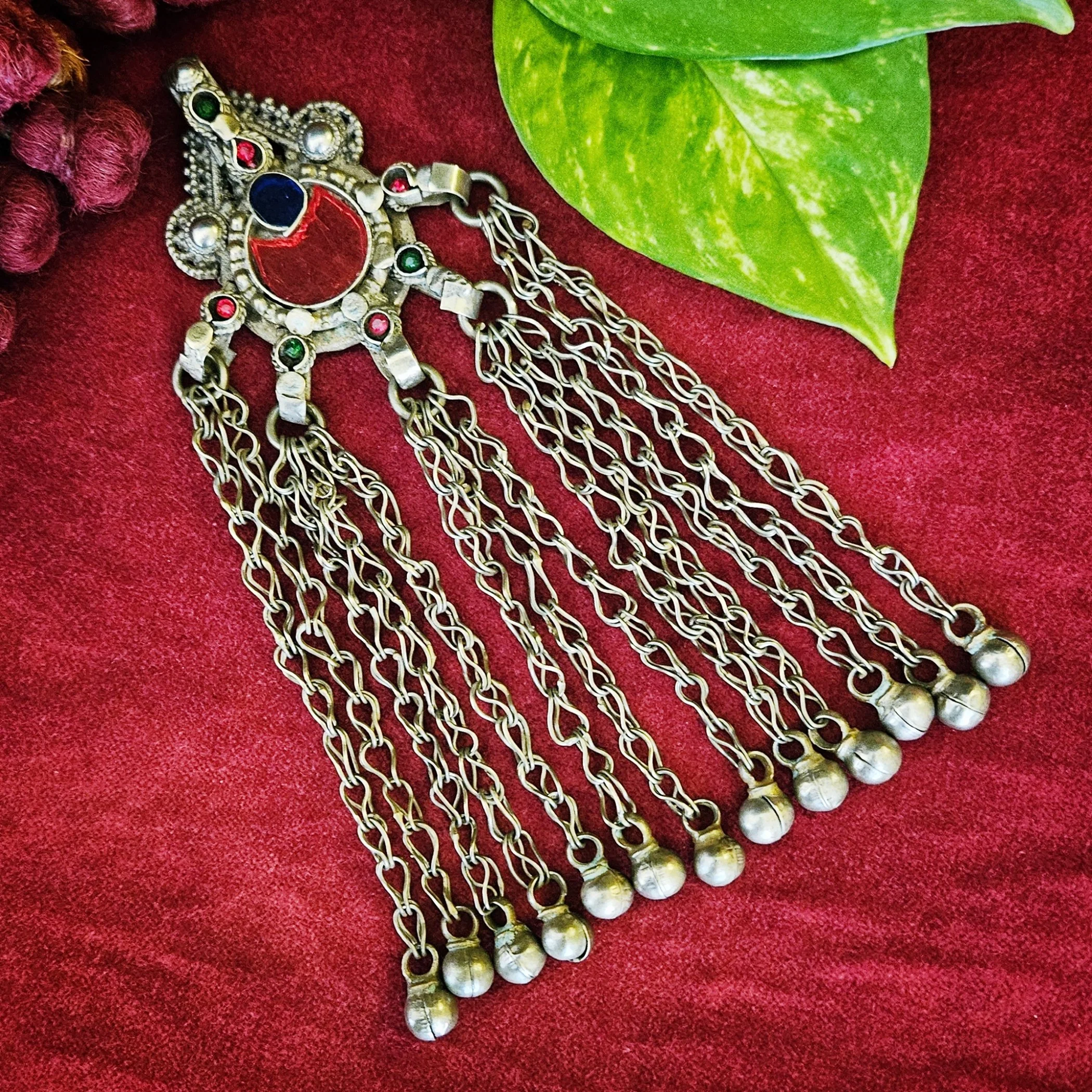 Amazing Kuchi Pendant - Vintage Tribal - Glass Jewels - Jingling Bell Dangles