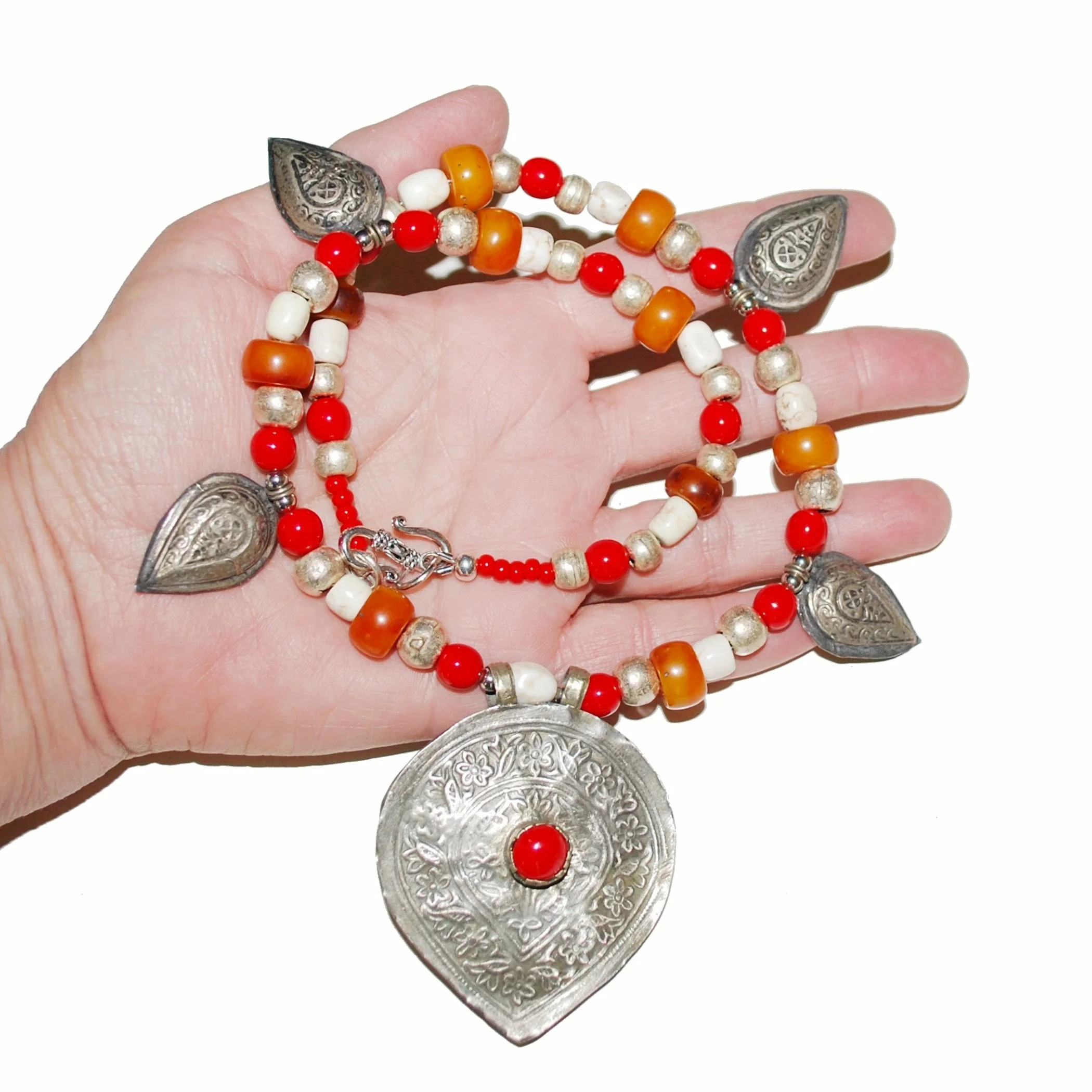 Kashmiri Pendant Necklace with Berber accent pieces - Copal Glass Stone Beads - Red Camel Designs