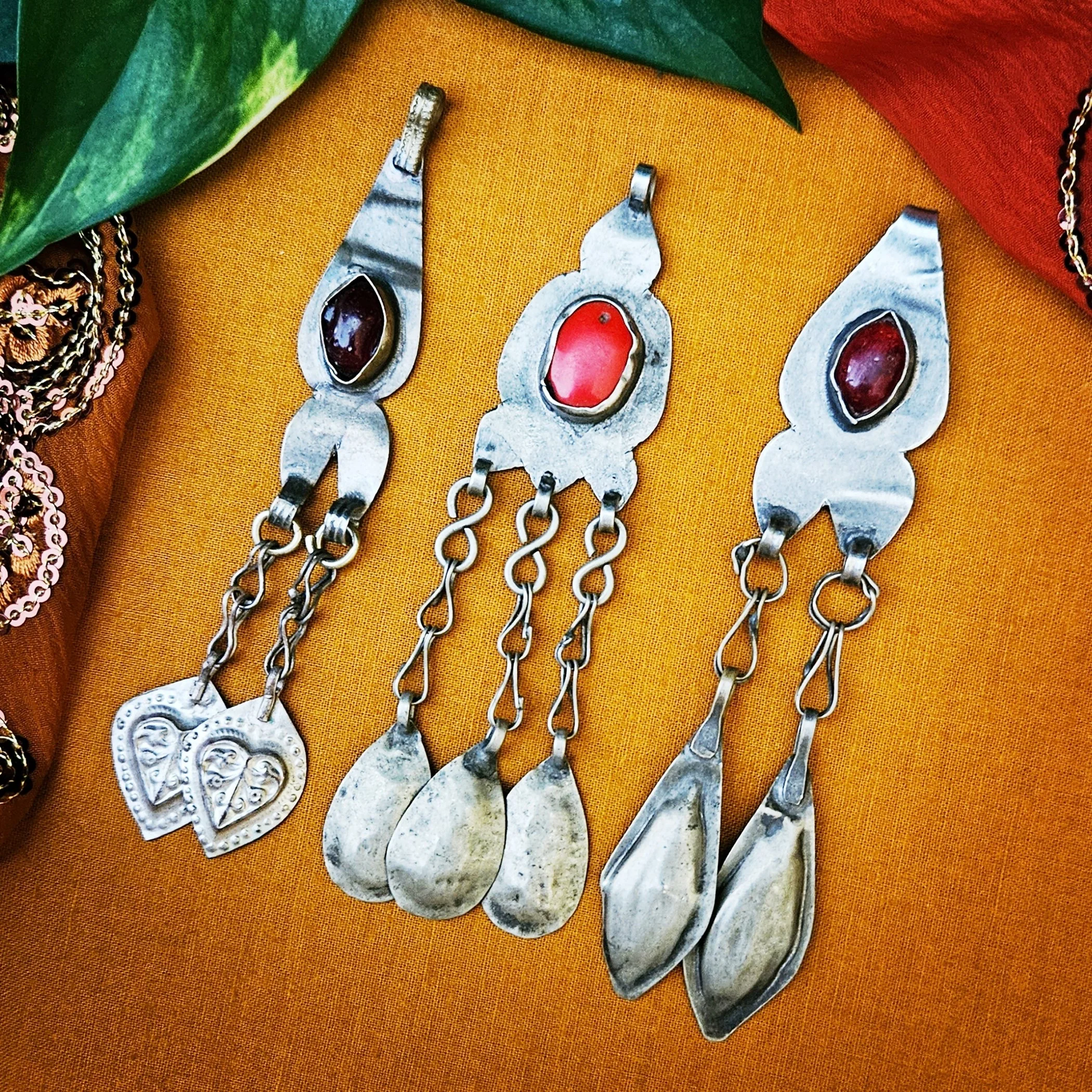 Three Turkoman Pendants - Small Vintage Turkmen Pendants - Stamped Dangles