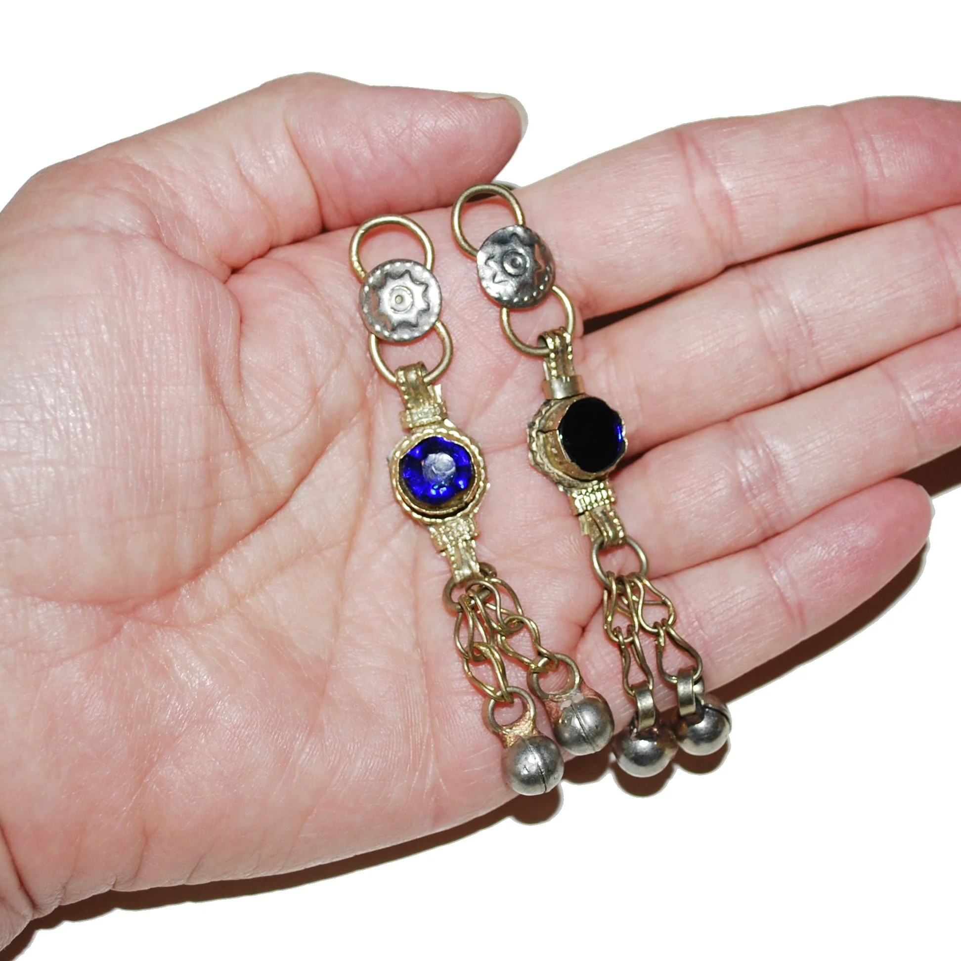 Pair of Kuchi Dangle Pendants with Deep Blue Jewels - Belly Dance Components Findings