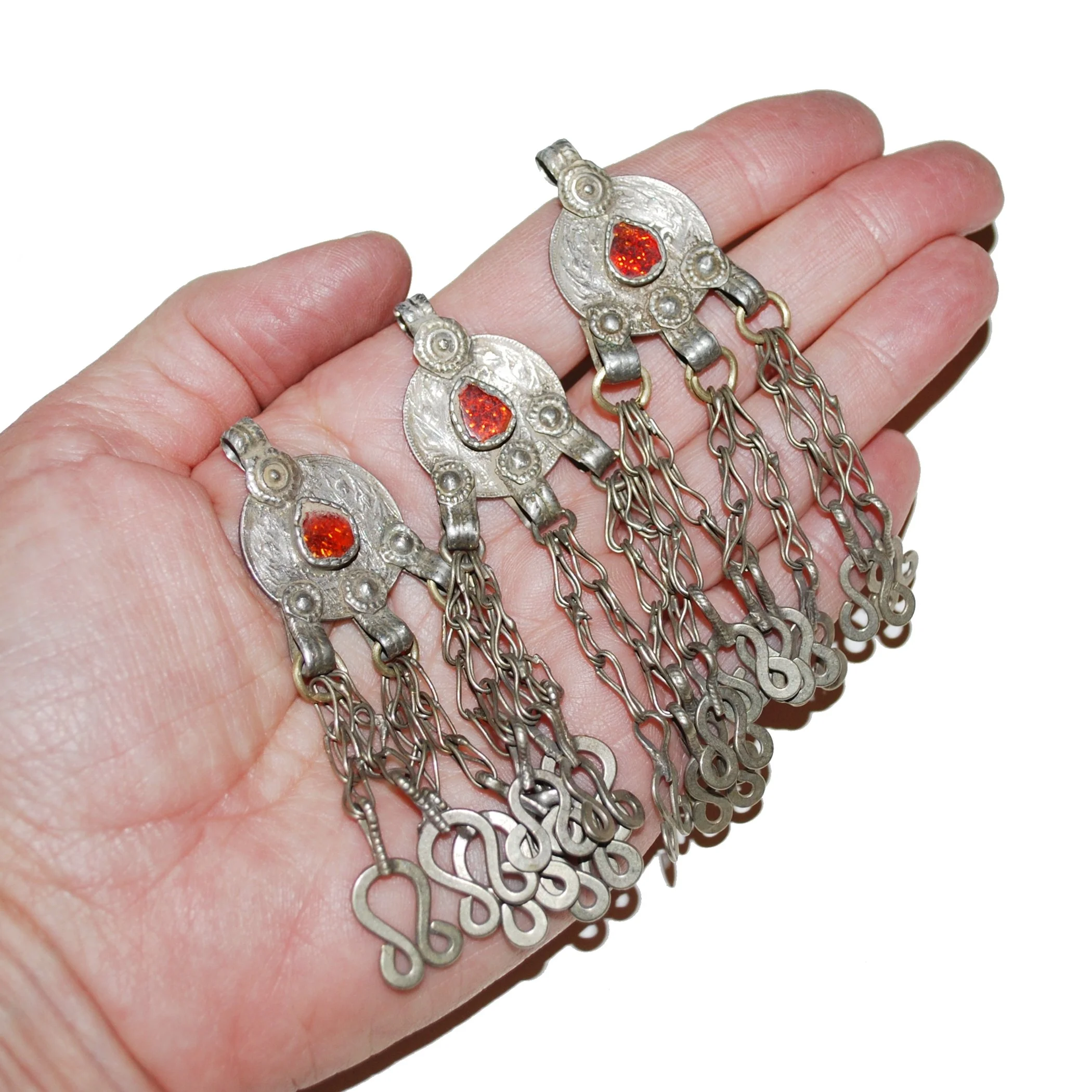 Vintage Matching Kuchi Coin Pendants with Orange Jewels Knot Dangles