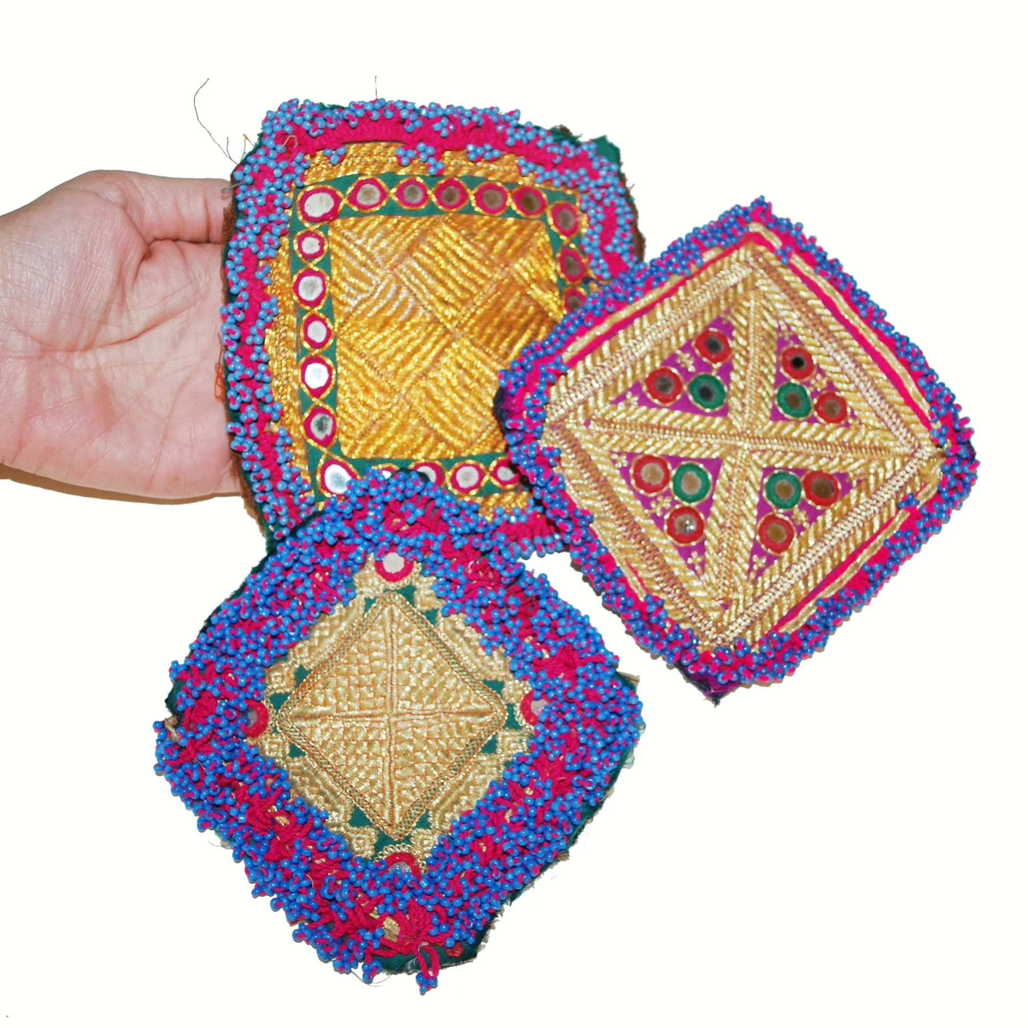 Kuchi Embroidery Medallions - Vintage Gul i Peron - Set of 3 Square - Tikka Medallions