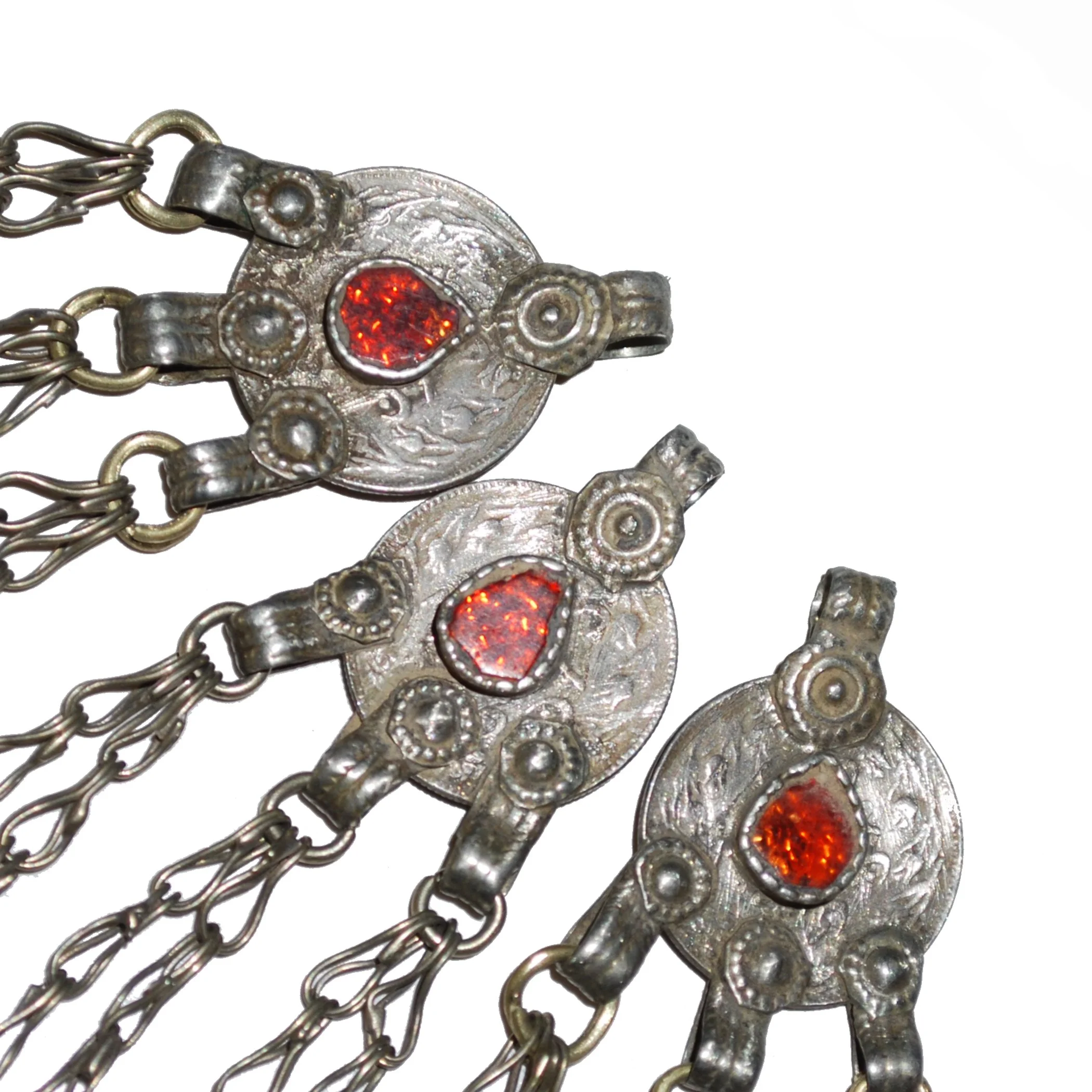 Vintage Matching Kuchi Coin Pendants with Orange Jewels Knot Dangles